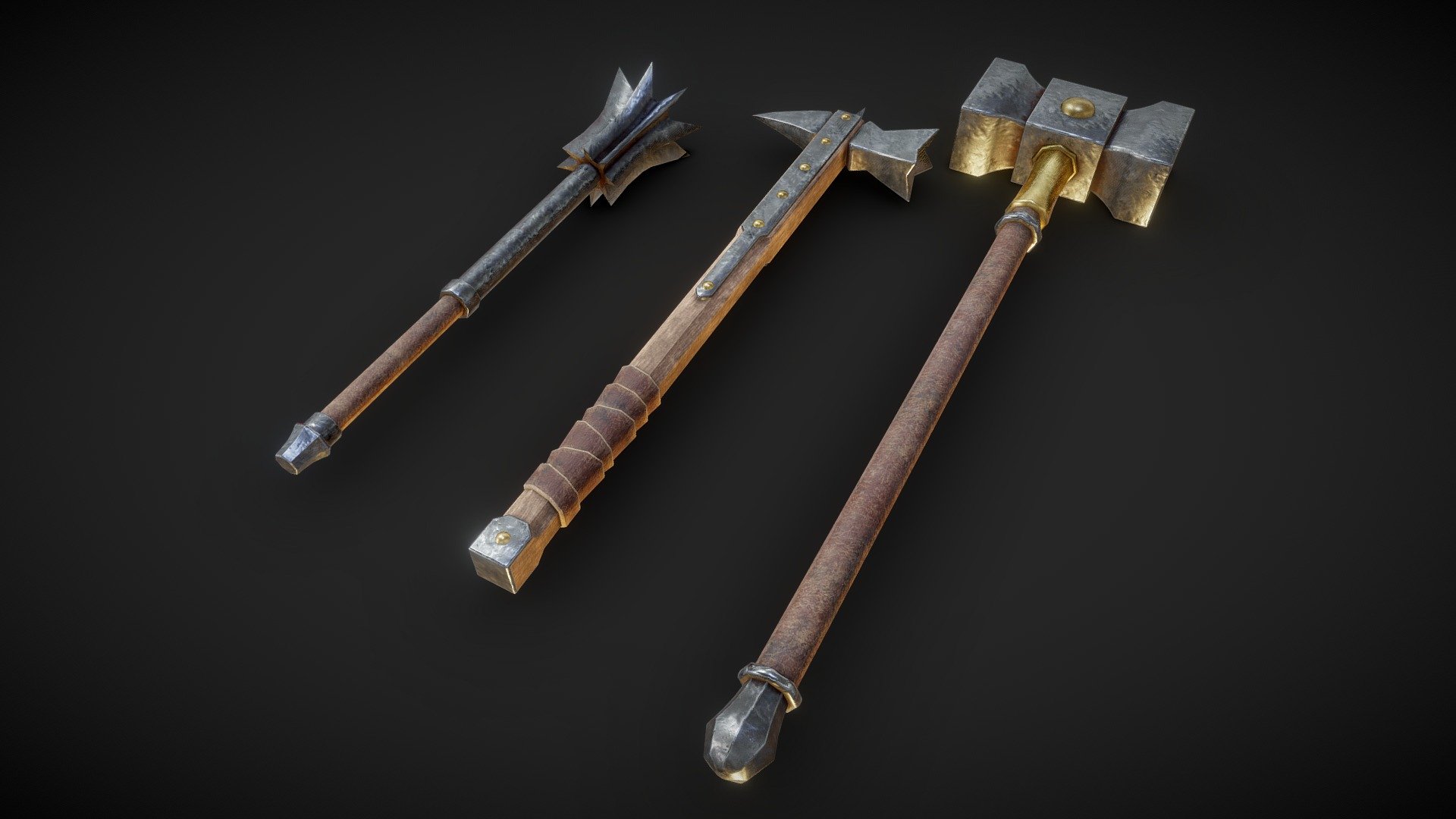 sketchfab viewport texturesat 2k , Rar file textures at 4k.

Fbx and obj files.

Mace polys: 538.
Mace Verts: 656.

Warhammer polys: 907.
Warhammer verts: 993.

Maul polys: 700.
Maul verts: 767.

Unity5 textures: Albedo-Transparency , Metallic-Smoothness , Normal. 
UnrealEngine textures: Base-Color , Normal , Occlusion-Roughness-Metallic 3d model