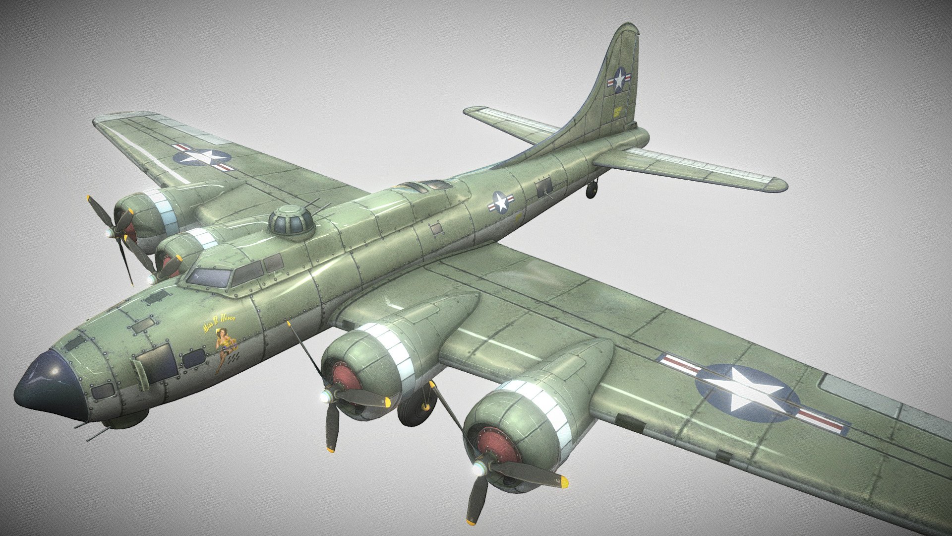 This bomber in hand-painted style is excellent for any kind of historical, survival, WW2, strategy, graphic adventure or VR game.

Details:
The propellers, turrets and wheels are separate/parented objects so they can be animated easily.

The model includes a 4096 x 4096 hand-painted texture.

Feel free to contact me for info or suggestions 3d model