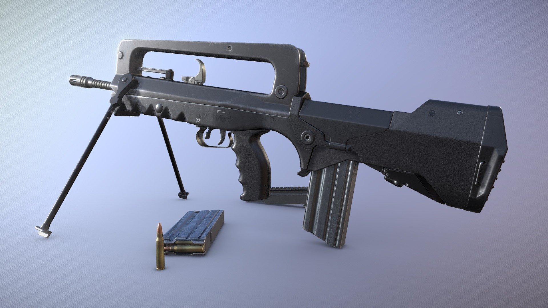 FAMAS F1 designed for PBR engines.

Originally modeled in 3ds Max 2021. Download includes .max, .fbx, .obj, .dae, metal/roughness PBR textures, textures for Unity and Unreal Engines, and additional texture maps such as curvature, AO, and color ID.

Comes with 5.56mm cartridges and optional rail accessory.

Specs


Scaled to approximate real world size (centimeters)
Dimensions: 76 x 6 x 27cm
Mesh is in tris and quads, no n-gons.

Objects separated and ready for animation. Moveable parts include:


Bipod
Bolt
Trigger
Magazine
Magazine Follower
Charging Handle
Magazine Release
Safety
Fire Selector
Rear Sight Leafs

Textures


4096x4096 Base Color, Roughness, Metallic, Normal, AO for the gun
512x512 PBR set for the 5.56mm cartridge
1024x1024 PBR sets for the rail attachment

Unity Engine 5 Textures: AlbedoTransparency, MetallicSmoothness, Normal, Occlusion

Unreal Engine 4 Textures: BaseColor, Normal, RoughnessMetallicAO - FAMAS F1 Rifle - Buy Royalty Free 3D model by Luchador (@Luchador90) 3d model