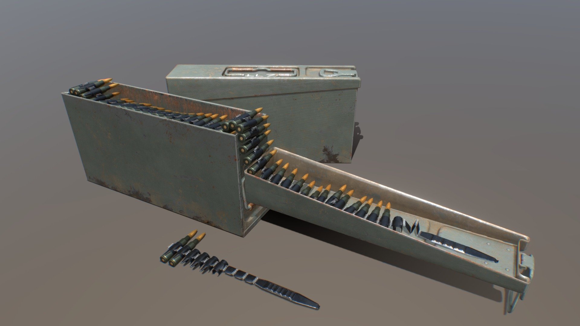 German Ammunition Can designed to accompany the German MG34 and the MG42 machine guns. The container could hold up to 300 rounds of Mauser 8x57 bullets. An interesting and unique feature about the design of this container is the offset handle that allowed a solider to carry two containers in one hand.

This was modelled in Blender and textured in Substance painter. This was created for demonstration and upskilling purposes, If you would like to use this for anything please contact me 3d model