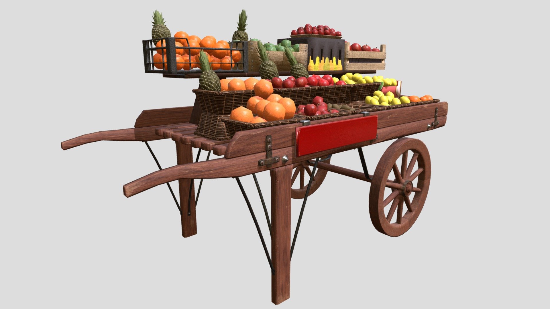 A Model of a fruit cart made for a Live Brief at the University of Hertfordshire in collaboration with Playground Games. The goal was to recreate the cart from selected reference images and keep the total poly count under 25k polys / 50k tris.

This model was created for games use and thus contains triangles in certain areas 3d model