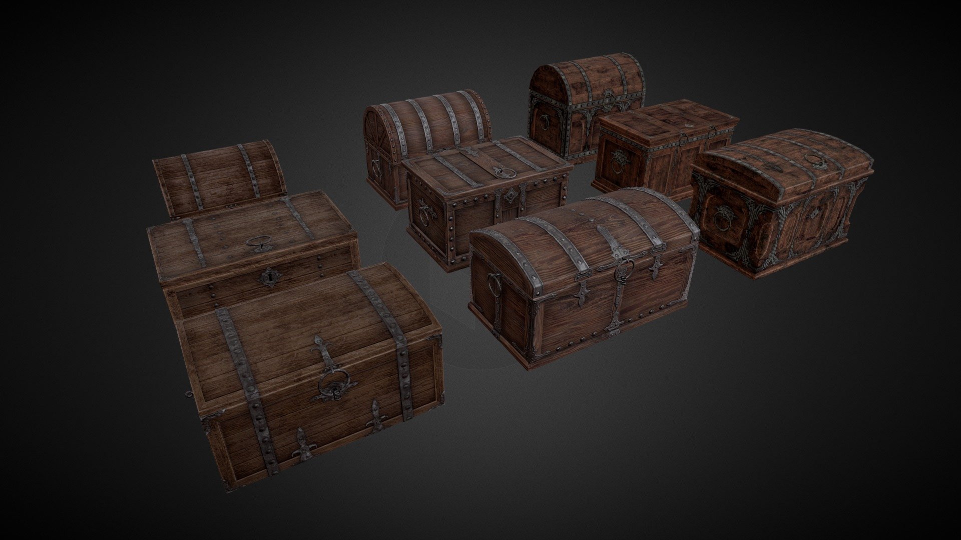 Low poly game ready Chests/crates. 3 levels with 3 chest types each.

Textures included, .PNG format, 4k resolution:
Color/albedo map + alpha channel; 
Normal y+ maps; 
RSM - roughness, specular, metallic - maps; - Medieval/Fantasy style Loot crates - Buy Royalty Free 3D model by EldersCrawler (@multidesign) 3d model