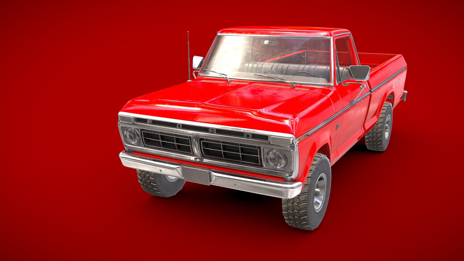 This is a classic American pickup truck made by Ford Motor Company in 1976. The model(64 202k tris) is a real world scale AAA game ready asset with realistic textures in a quite new state, the model is positioned on the center of the world with Z axis up and facing to X axis. This asset has modeled lights, full details interior and exterior, openable doors and a high detail under car with a functional suspension. Doors, wheels and steering wheel are separated objects with the pivot in the right position for an easier animation.

We will be happy to help you if you need any assistance with this asset. (Any future improvement or update of this asset will be included in this purchase) - Ford F100 1976 New Red - Buy Royalty Free 3D model by rpalomino 3d model