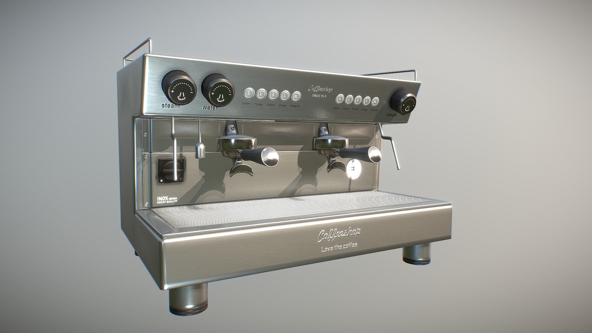 Bar coffee machine with only 7089 polys with non-overlapping uvs and PBR textures in 4096 x 4096 px (color, Normal map, height, metallic, roughness and Ambient occlusion). This model contain 1 only object. Besides it is ready to use in broadcast, advertising, design visualization, real-time, video game etc&hellip; - Bar coffee machine medium poly - Buy Royalty Free 3D model by markusenes 3d model