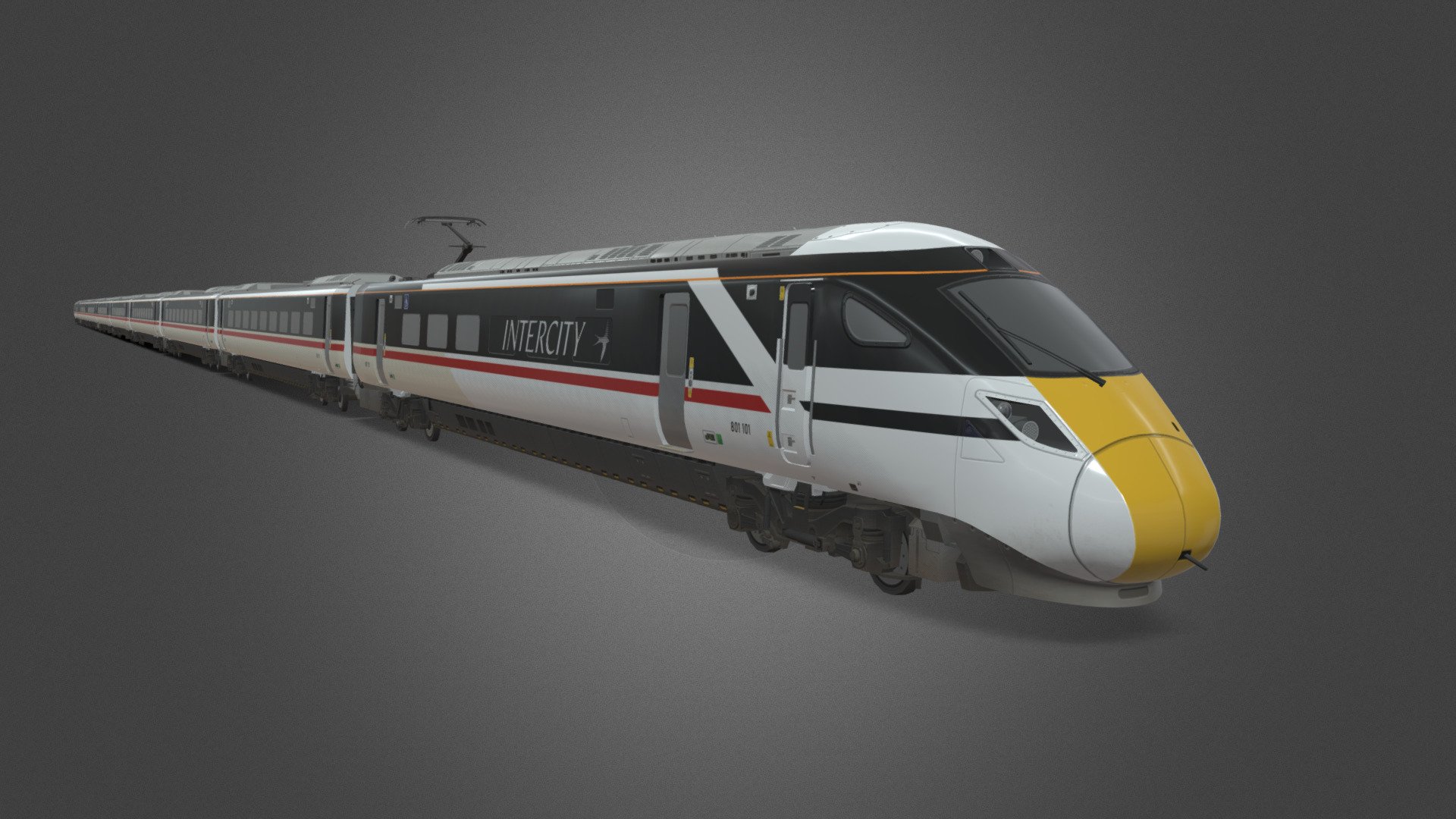 The British Rail Class 800 Intercity Express Train or Azuma is a type of bi-mode multiple unit train built by Hitachi for Great Western Railway and London North Eastern Railway. The type uses electric motors powered from overhead electric wires for traction, but also has diesel generators to enable trains to operate on unelectrified track. Based on the Hitachi A-train design, the trains were built by Hitachi between 2014 and 2018.

This train is in a fictional livery, aiming to recreate the iconic British Rail Intercity &ldquo;Swallow
