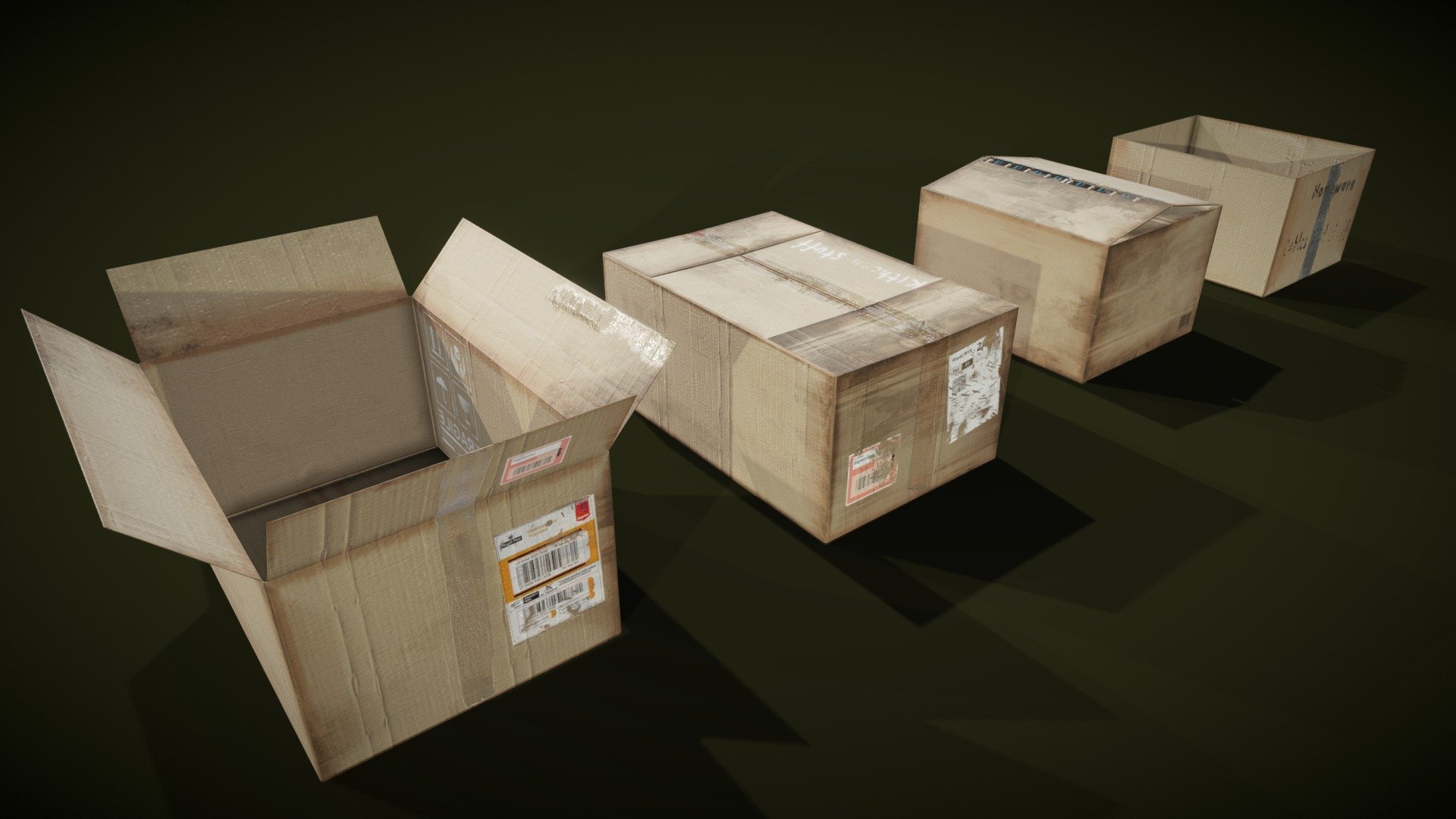 Old cardboard boxes.  Useful prop for any sort of enviroment. 

These are all UDIM tiled and come with 2k and additional 4k PBR textures 3d model