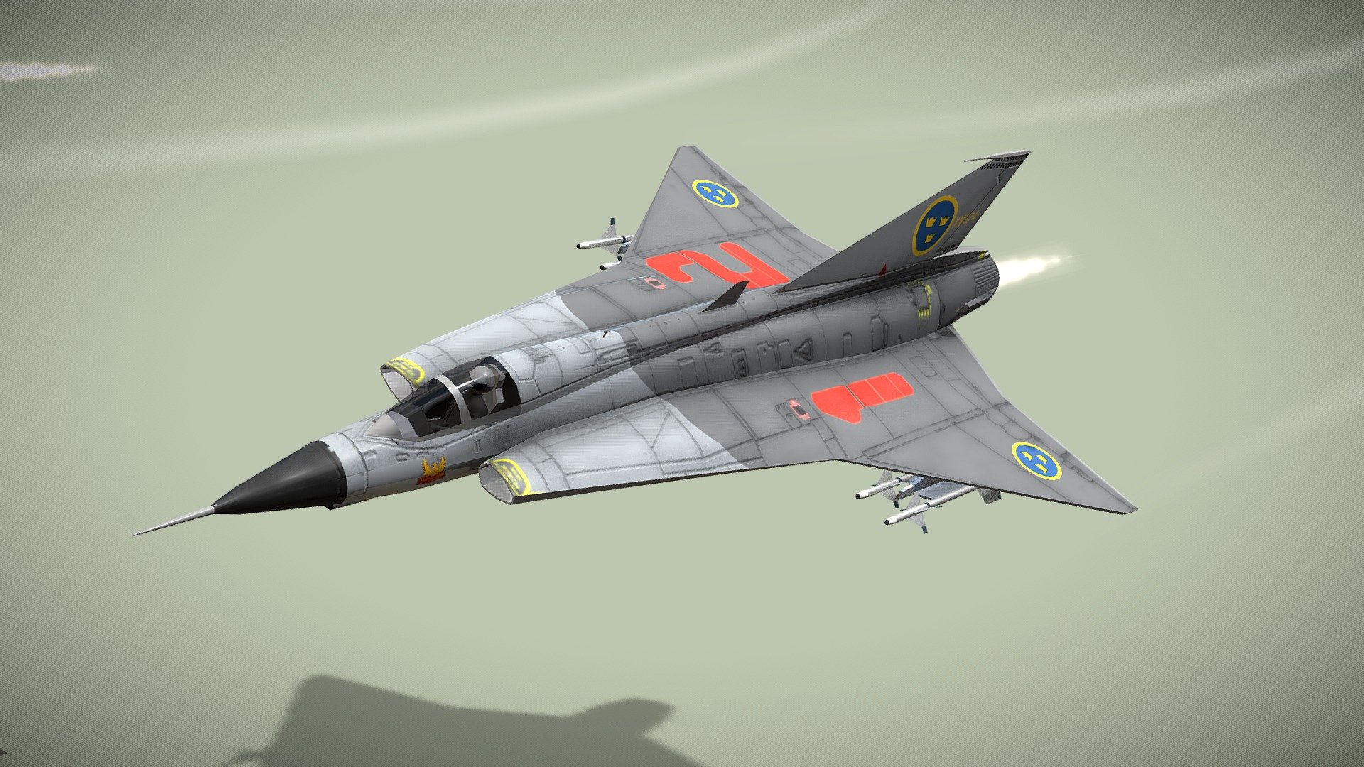 Saab JAS-35 Draken

Lowpoly model of swedish jet fighter



The Saab 35 Draken &lsquo;The Kite' or &lsquo;The Dragon' is a Swedish fighter-interceptor developed and manufactured by SAAB between 1955 and 1974. Development of the Saab 35 Draken started in 1948. It featured an innovative but unproven double delta wing, which led to the creation of a sub-scale test aircraft, the Saab 210, which was produced and flown to test this previously-unexplored aerodynamic feature. The full-scale production version entered service with frontline squadrons of the Swedish Air Force on 8 March 1960. It received the designation Flygplan 35 and was produced in several variants and types, most commonly as a fighter type with the prefix J (J 35)



1 standing version and 2 flying versions with afterburner, pilot and armament

Model has bump map, roughness map and 3 x diffuse textures



Check also my other aircrafts and cars.

Patreon with monthly free model - Saab JAS-35 Draken lowpoly jet fighter - Buy Royalty Free 3D model by NETRUNNER_pl 3d model