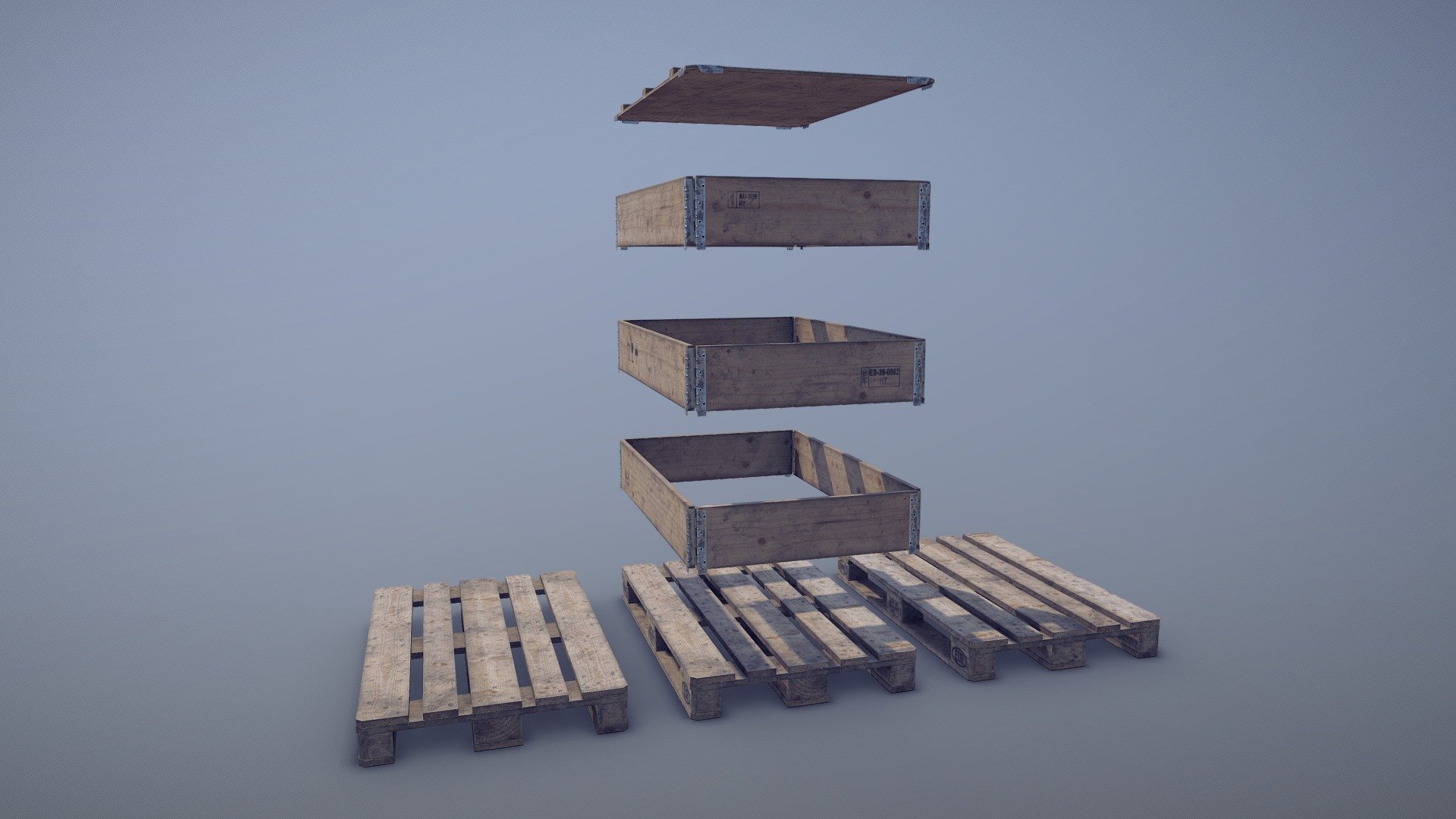 Cargo Wood Pallets Collars Cover EUR EPAL vr.2


LOD0 - (triangles 1718) / (points 1144)
LOD1 - (triangles 656) / (points 553)
LOD2 - (triangles 136) / (points 192)

Low-poly 3D model Cargo Wood Pallets Collars Cover EUR EPAL with LODs 
- (three variations for Pallets) +  (three variations for Pallet Collars) + (Cover)  (size 1200mm - 800mm - 145mm)
- (texture vr.2 - &ldquo;dirty pallets