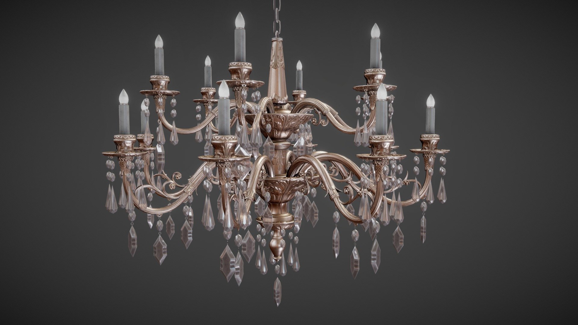 Antique chandelier. Please note the polycount can be fairly high depending on your needs.

Chandelier only: 52k tris; 2k maps.

Chandelier and glass: 69k tris; 2k + 512px maps.

For setup: make sure that the glass uses an alpha blend material; for best results, the small connecting rings should use a material with alpha clipping instead. Feel free to let me know if you need any help getting the model to work 3d model
