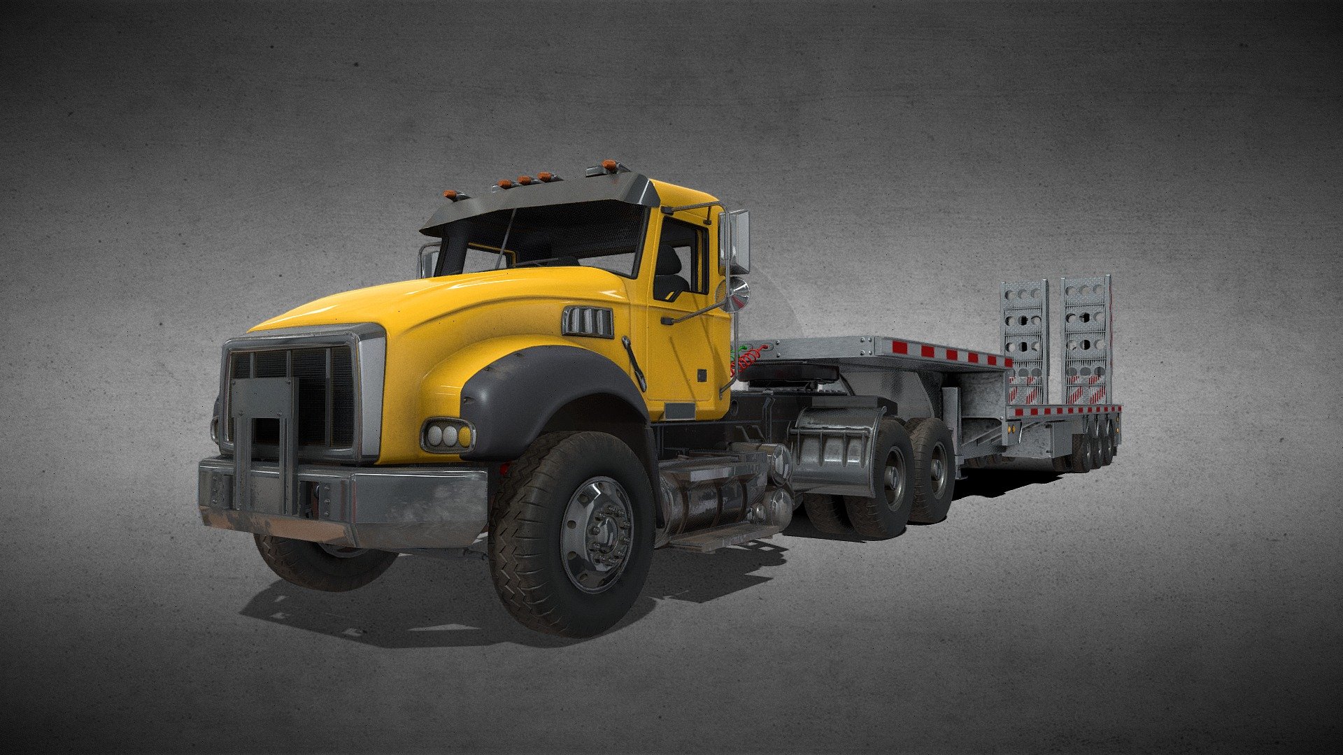 Truck with Step Deck Trailer made in Maya

Custom made using reference from various different existing vehicles
Contains UV’d model, skeleton with NO RIGGING. Cables should retain skinning. Textures in 2k and 4k

405,256 tris

13 materials, 5 textures each

PBR textures: BaseColor, Normal, Roughness, Metal, AO

tiff format with alphas where needed on the exhaust pipe, and the cab windows

Unreal
13 materials, 3 textures each: BaseColor, Normal, Packed (Occlusion, Roughness, Metallic) - Truck with Step Deck Trailer - Buy Royalty Free 3D model by Phil Rivera (@philrivera) 3d model