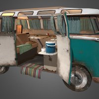 Camping Bus camping, vintage, clothes, quixel, dirty, midpoly, old, kitchen, luggage, dashboard, automn, game, 3dsmax, art