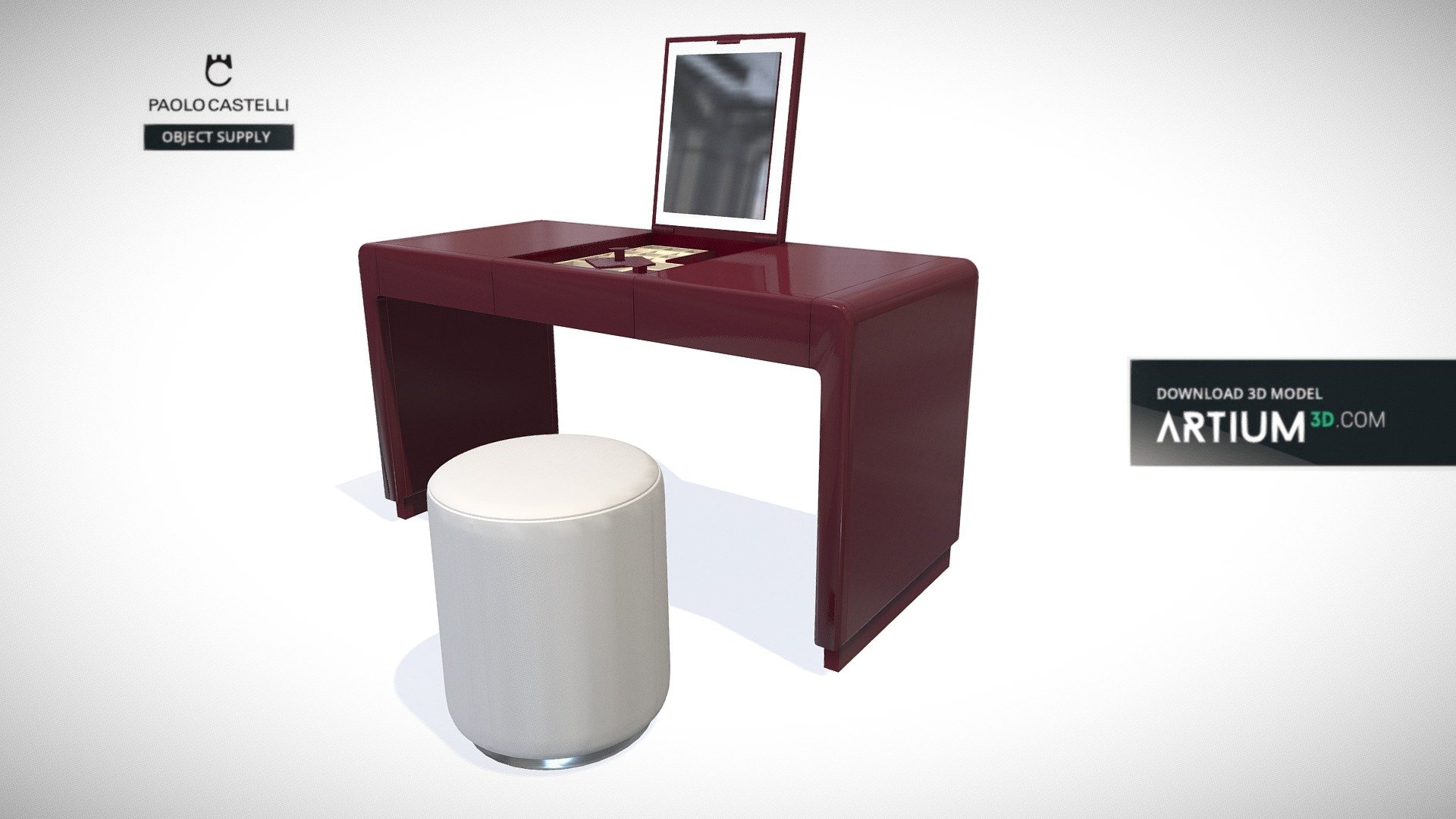 Makeup desk My Beauty from Paolo Castelli - Design by Paolo Castelli
mdf lacquered, leather, mirror

size:  h-72/121 x w-135 x d-60 cm

code: SK-060 - Makeup desk My Beauty from Paolo Castelli - Buy Royalty Free 3D model by ARTIUM3D 3d model
