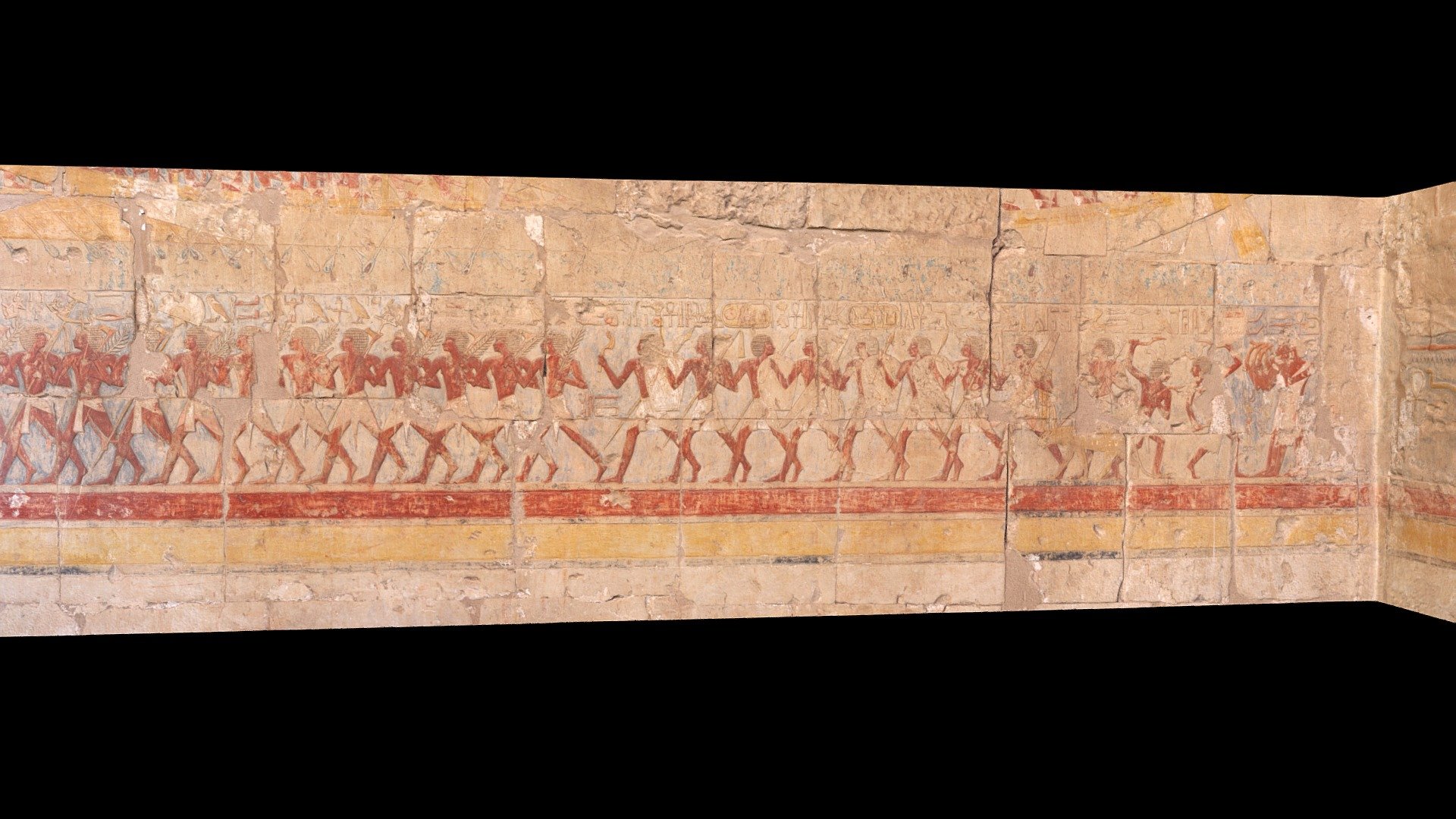 A parade of soldiers on the northern wall of the Hypostyle Hall of the Hathor Chapel at the Temple of Hatshepsut at Deir el-Bahri, Egypt.

Created from 61 photographs (Canon EOS Rebel T7i) using Metashape 1.8.4.  Downgraded from original 3M polygon model.  Photographed in January 2024 3d model