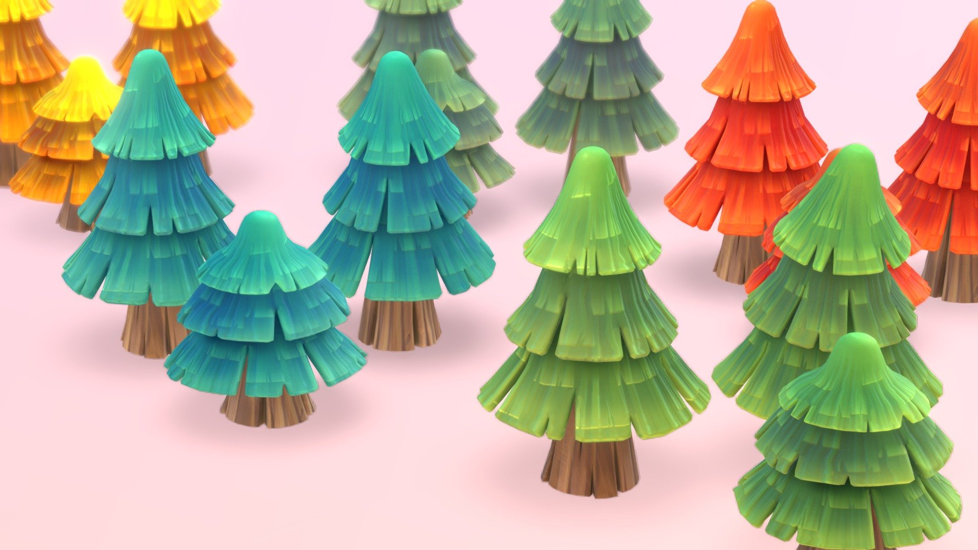 stylized  pine trees.

Bring the beauty of nature to your next project with this stylized colorful Trees Pack!
A pack of 15 cute stylized and toony Pine Tree models with PBR material. 
Also works unlit

In my store there are more texture variations of these trees, so that they fit well into your game. Check out my sale.
If you need more assets in this style. contact me.

**I also accept freelance jobs. Do not hesitate to write me. **

*-------------Terms of Use--------------

Commercial use of the assets  provided is permitted but cannot be included in an asset pack or sold at any sort of asset/resource marketplace.or shared for free* - Pine Trees 009 - Buy Royalty Free 3D model by Stylized Box (@Stylized_Box) 3d model