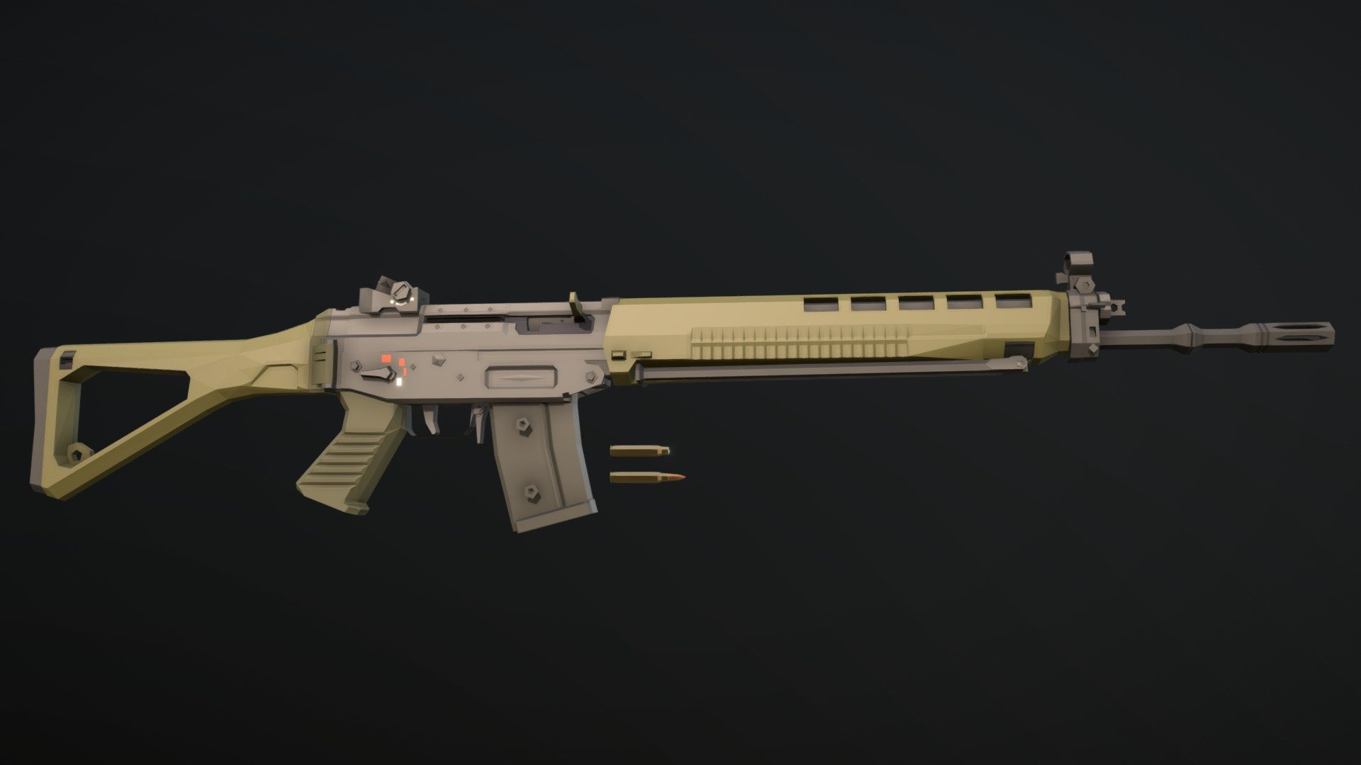 Low-Poly model of the SiG SG-550, adopted in the Swiss military as the Stgw. 90. This rifle is mechanically almost identical to the AK, however it fires 5.56x45mm, just like the M16, which, in combination with a well adjusted gas system, makes it have relatively low recoil, yet very reliable 3d model