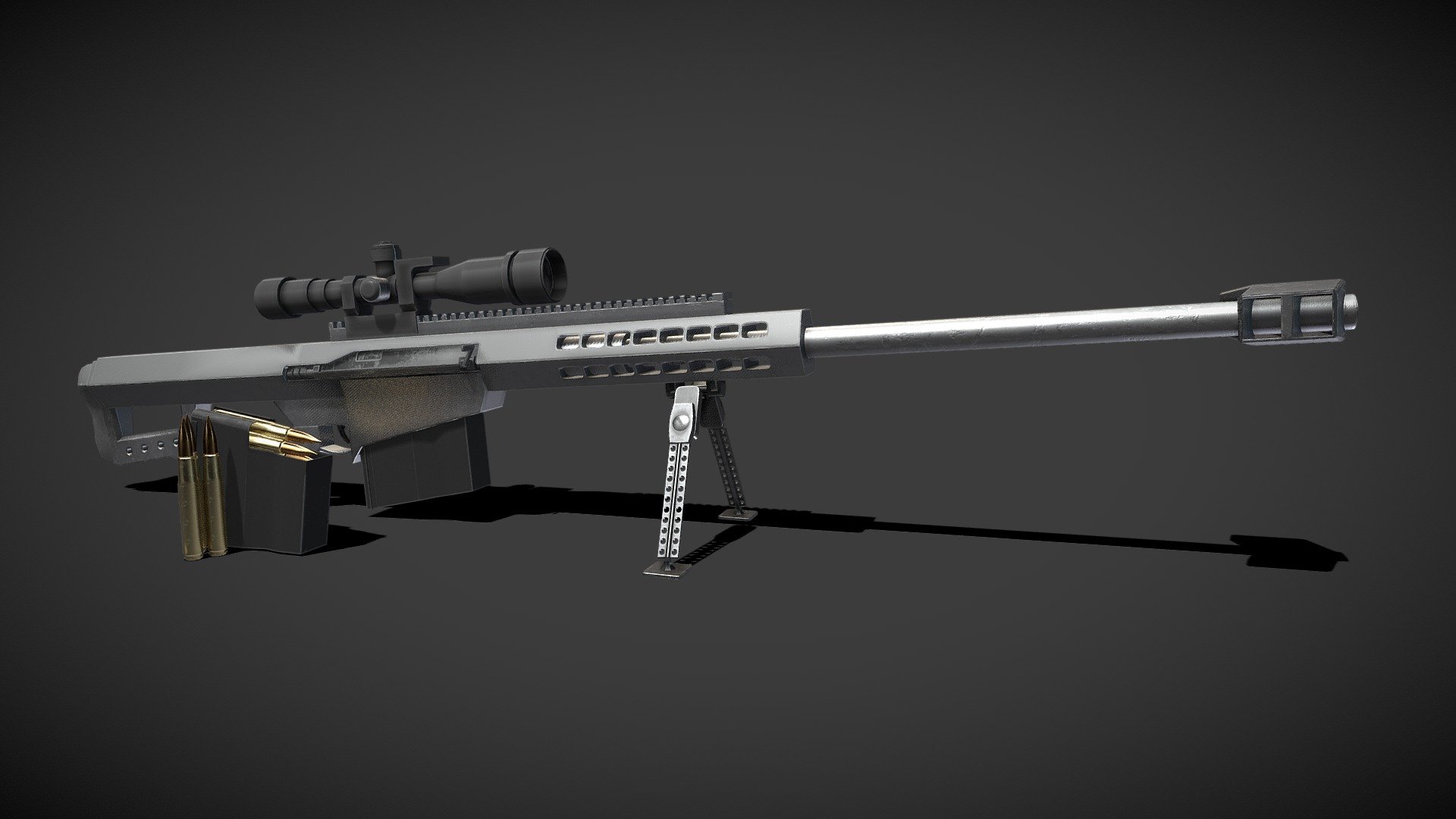 3D model of the Barrett 50. Cal Sniper Rifle made in Maya and textured in Substance Painter,
Model is completed with extra magazines and 50. cal bullets 3d model