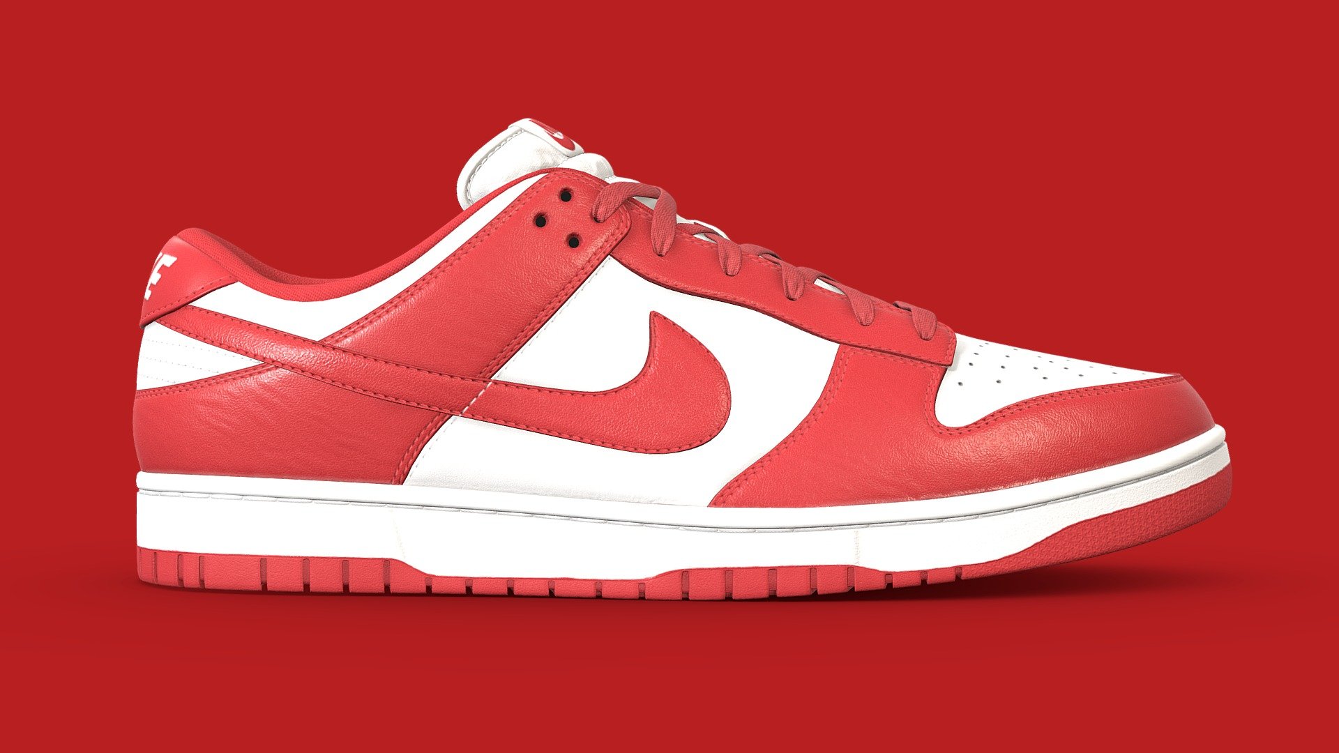 Nike Dunk Low in the University Red Colourway. Every detail was made in the recreation of this shoe, from the text on the medial side of the shoe to the subtlety of each material, nothing went overlooked. Stitches were sculpted by hand to achieve the highest quality

What's included




Blender file with linked textures

FBX and OBJ versions

OneMesh version

All 4k textures

Model Features

The upmost care went into crafting this model. As a result it is subdivision ready. The model was unwrapped with efficiency in mind. Both left and right shoes are mostly identical, save for logos and text that cannot be mirrored. As such the high detail version of the shoe uses 4 UV maps to cover both of the shoes, with the One mesh version using just the one UV map 3d model