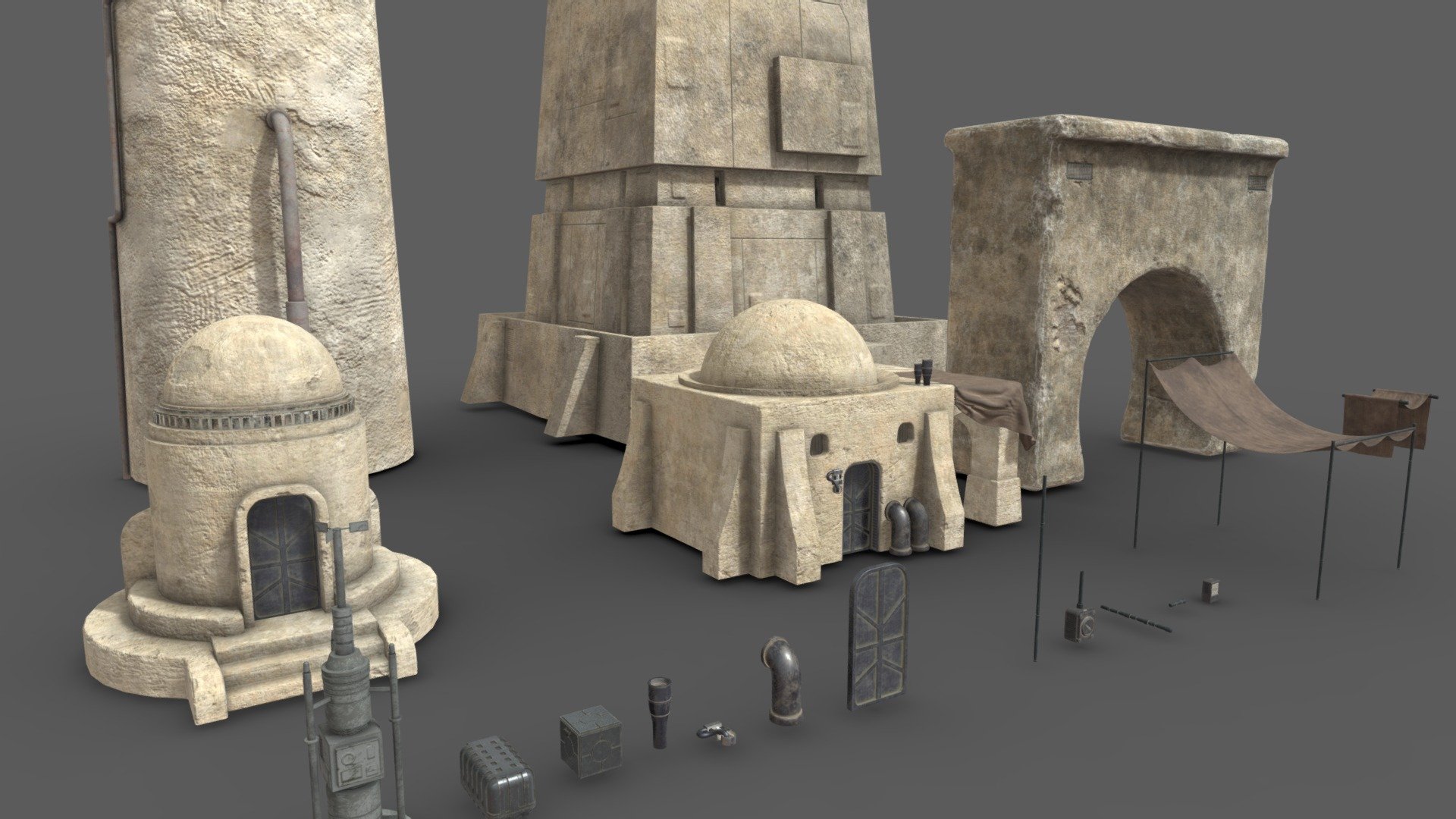 Star wars kitbash pack

a collection of architecture and props from Mos Eisley, Tattoine from star wars

4K, 2K PBR textures - Tattoine Buildings Kitbash - Download Free 3D model by chuckcg 3d model