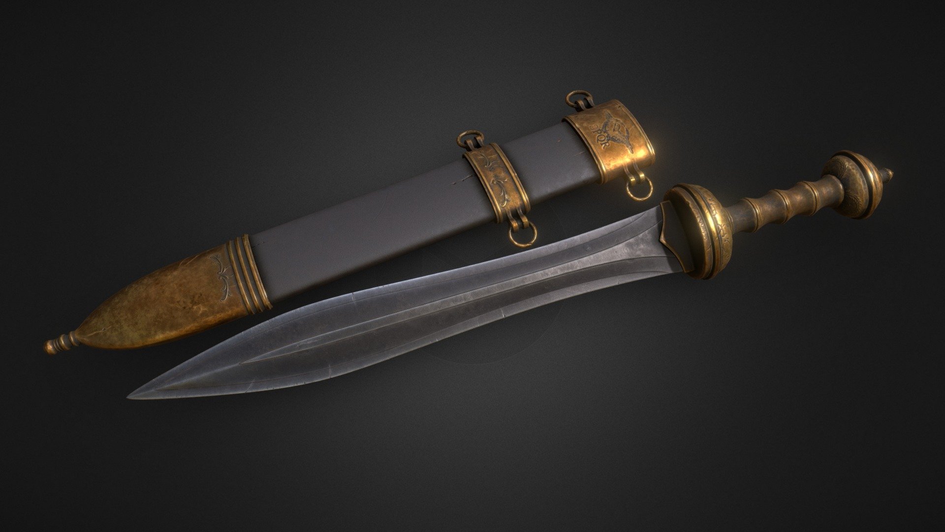 Gladius and sheath low poly model.

2k textures. Total polycount 14590 tris.

Model created on Blender and ZBrush. Textured with Substance Painter 3d model