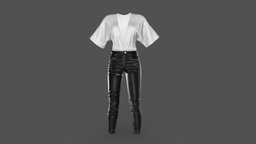 High Waist Leather Pants White Top Female Outfit