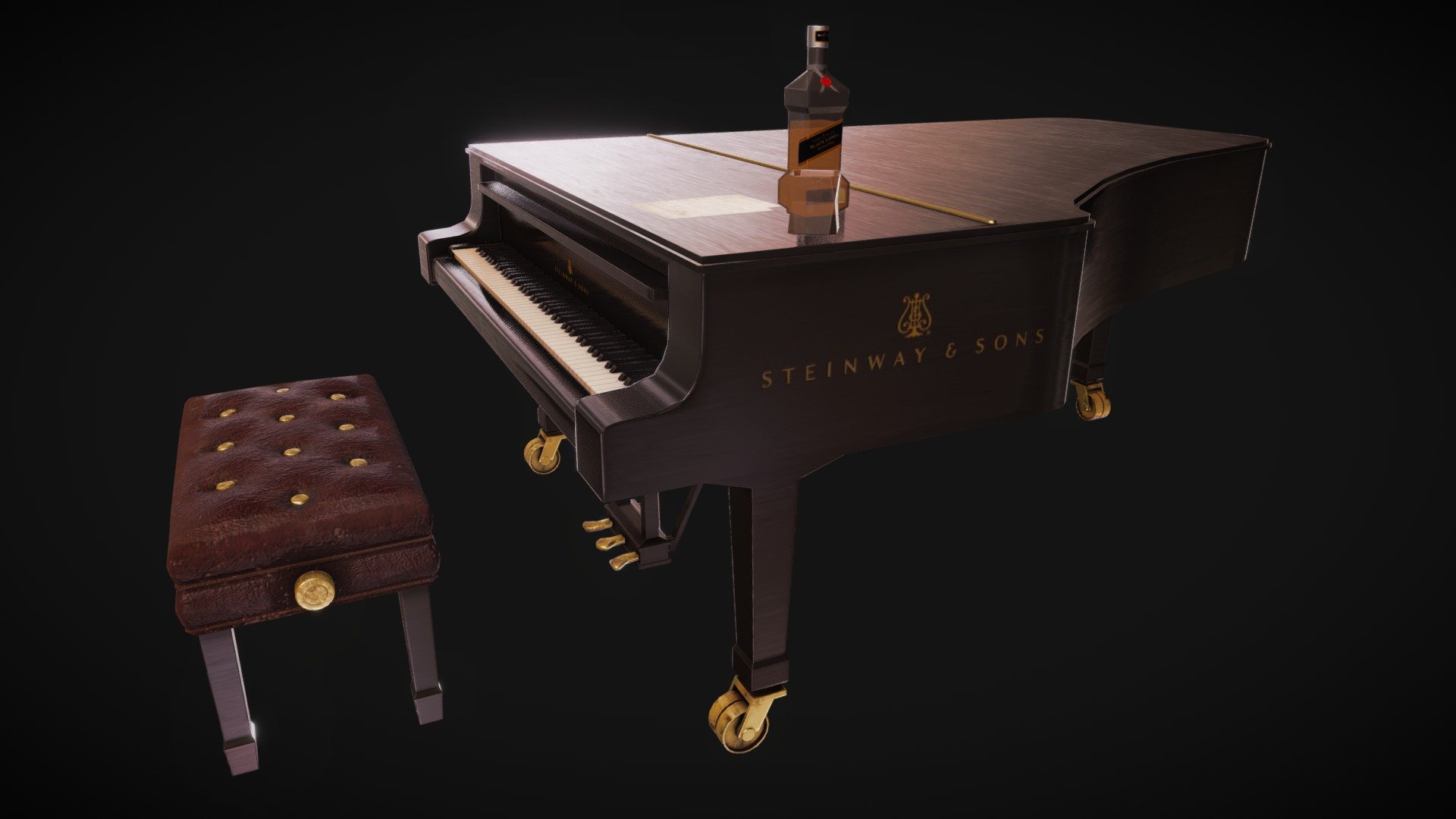 This Grand Piano was made using 3Ds Max and Substance Painter. This small scene was done as an experiment as I do not often do any baking from high poly to low poly. The whiskey bottle and glass were inspired by the film Blade Runner 3d model