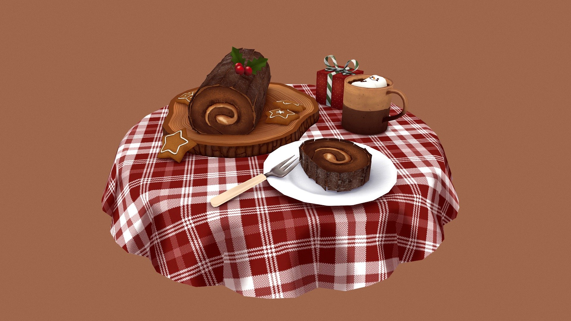 Late for Christmas but Happy New Year everyone! My feel-good little christmas project is done. First time texturing and modelling food! Painting the textures, especially the yule log was really fun 3d model