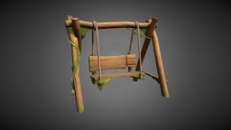 Stylized Wooden Bench wooden, bench, garden, swing, nature, asset, gameasset, wood, stylized, gameready, mossy-wood