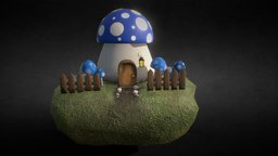 Mushroom House grass, mushroom, nature, mushroom-house, substancepainter, substance, house, wood, blue