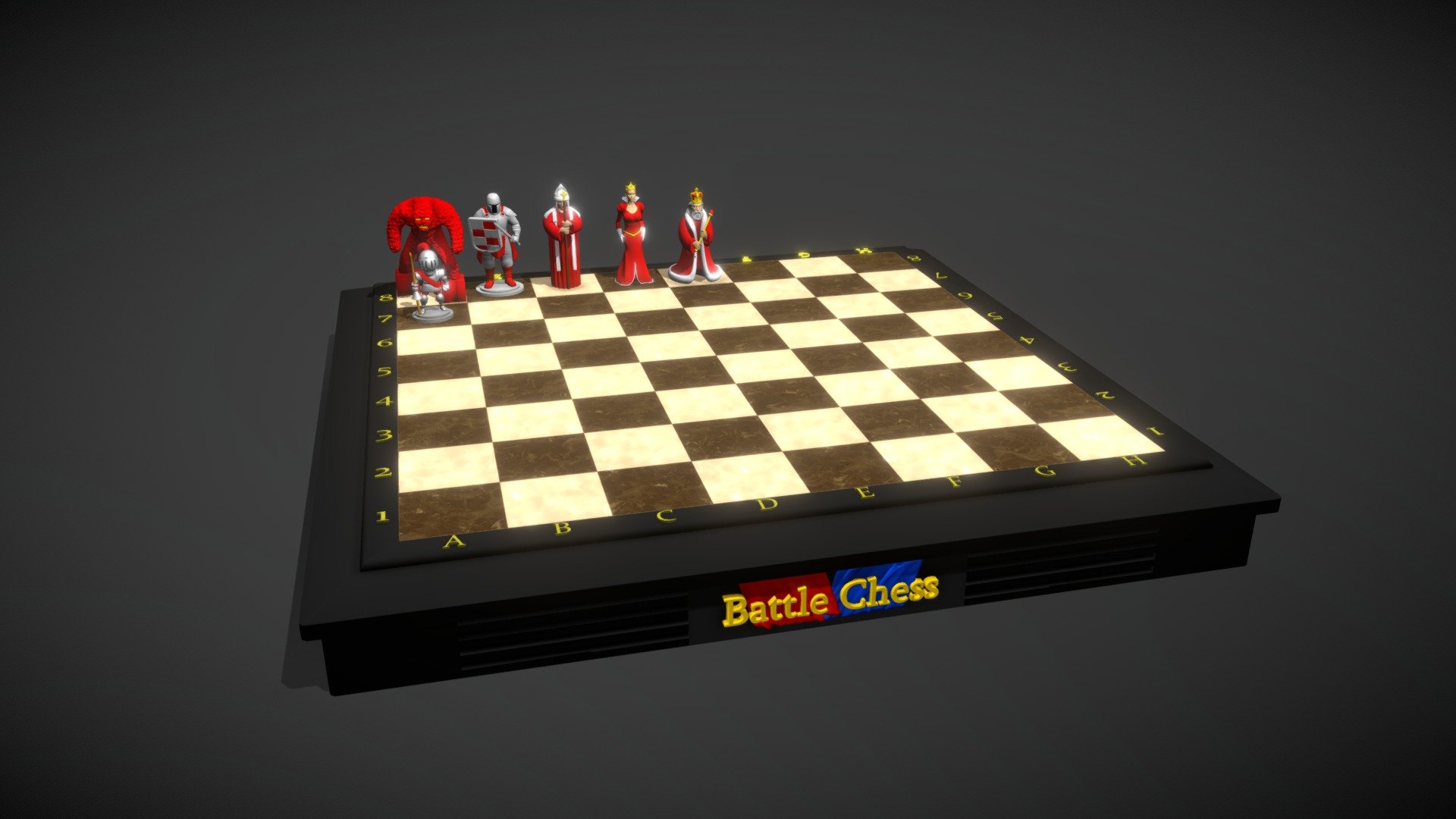 Get your 3D printable chess set based on the BATTLE CHESS game from Interplay (1989)

Since Blue and Red players share identical models, there are 6 models included to print that number of times: 

-KING x2
-QUEEN x2
-BISHOP x4 
-KNIGHT x4 
-ROOK x4
-PAWN x16


BOARD (8 parts)

We recommend to print in red / blue PLA with tree support for all characters (faster and more reliable) then paint other colors with Enamel paints.
+ Black PLA for board.

HOW TO PRINT THE MAIN BOARD 
The board is made from 4 printed parts for the main frame (no Glue, T shape assemble) 
+ 4 parts for the alpha-numeric frame 
+ 1 flat grid (not to be printed, we recommend to 2D the checkerboard picture included and stick it onto a 1mm steel plate, apply a varnish coat to protect it from scratches.

Dimension: anything you want since these are HiRes models, keep in mind a 30x30 cm checker grid will allow printing the outside thick frame into a 30x30 cm bed plate area (diagonally) 3d model