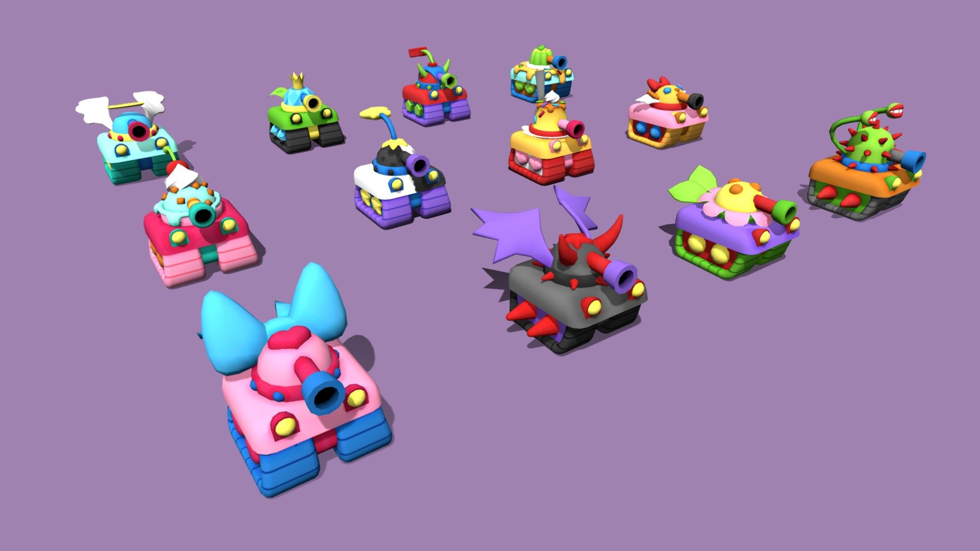 Line up of all player skins available for an unannounced game that I am currently working on.
Each tank will have some slight differences in base stats like speed and damage dealt, plus some quirky characteristic, like the money themed tank earning more coins for example - CutieTanks (Working Title) - Player Skins - 3D model by Jacky Vintonjek (@JVintonjek) 3d model