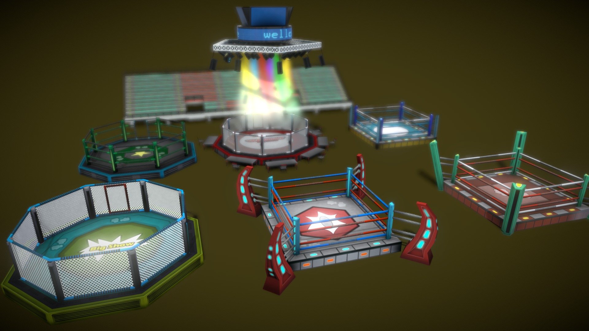 This package is perfect for your cartoon boxing game. All assets are between 40-1,000 polygons.

Package includes:
-Six different boxing arenas
-Crowd seating/stands
-Fences
-Light systems
-Electronic monitors

All models are mobile optimized and have prefabs, hand painted textures range from 256,512 and 1024 diffuse only 3d model