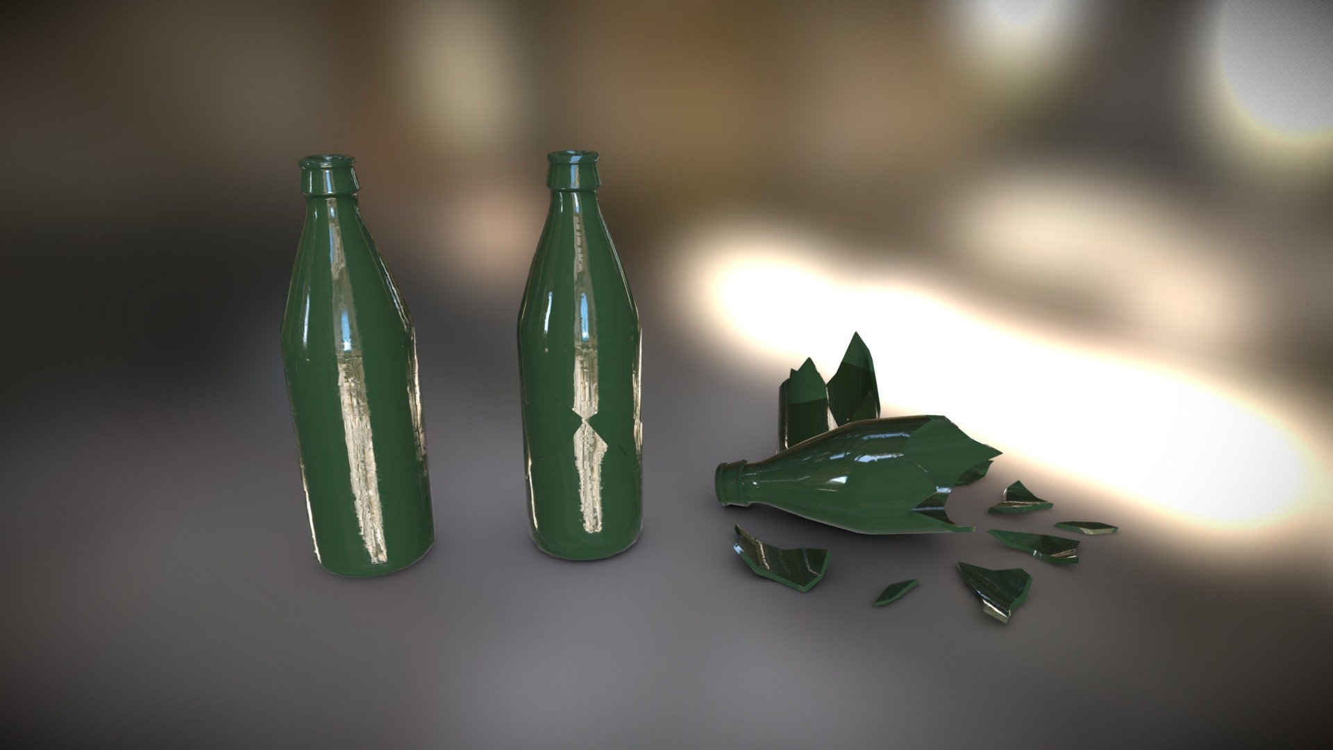 3 groups of models: 1) whole 2) Broken bottle assembled 3) Broken bottle lying on the floor. One set of textures for all models. For greater compatibility with various 3D engines, transparency or refraction cards are not used.

Real scale - Units: cm - (Proportions and sizes are observed and as close as possible to the real object): Whole Bottle ~7 x 7 x 23 cm.

Formats:




.blend (Mesh + material (Principled BSDF) + Textures PBR - Roughness/Metallic) - Blender (ver. 3.0.1)

.max (Mesh + material (Vray 3.60.03) + Textures Specular/Glossiness) - 3ds Max 2018

.tbscene (Mesh + Textures PBR - Roughness/Metallic, Marmoset Toolbag 3 (Ver 3.08))

.FBX (only mesh! without materials/textures)

.glb (Triangulated, Mesh + Textures PBR Roughness/Metallic (compressed in format))

.gltf (Triangulated, Mesh + Textures PBR Roughness/Metallic - .jpg )

.unitypackage (Triangulated, Mesh + Textures - .tga)

.zip (folder textures, PBR Roughness/Metallic)

.zip (folder textures, PBR Specular/Glossiness)
 - Broken and Whole Bottles - 3D model by Grishmanovskij Anton (@GrishmanovskijAnton) 3d model
