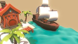 Beach Low Poly (Cartoon) FREE land, tropical, palm, medieval, coast, island, beach, port, coconut, relax, chill, seaside, plage, shore, dusk, isle, evening, waterfront, strand, ripe, relaxing, seafront, cartoonist, cartoon, lowpoly, house, ship, free, fantasy, sea, boat