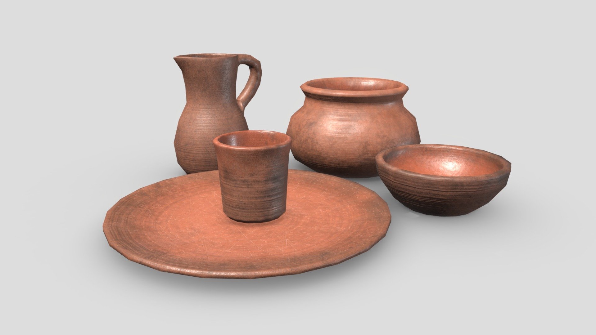 Set of clay tableware with five pieces: bowl, pot, pitcher, dish and glass.

All pieces share the same material/textures.
4K textures: Albedo, Roughness, Color and AmbientOcclusion

Formats: .fbx and .obj

Individual files for each piece are included in the Additional File 3d model