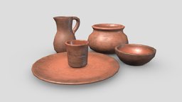 Clay Tableware food, ancient, historic, set, pots, viking, medieval, pottery, aaa, props, realistic, old, clay, kitchen, package, tableware, kitchenware, houseware, medieval-prop, lowpoly, interior, gameready
