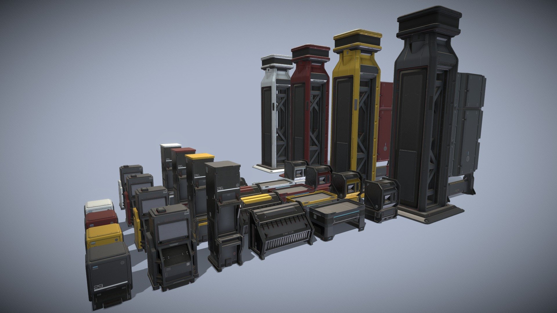 This is an environment props I made in blender using 2 main gun metal color trimsheet materials that are duplicated to red, yellow and white. And 1 material for the decals. If you turn on the visibility of the wireframes you'll be able to see and noticed that it's relatively low-poly and that most of the details are from the trimsheets. 

The lighting is a lot better in blender because I'm only allowed 3 lights here in sketchfab 3d model