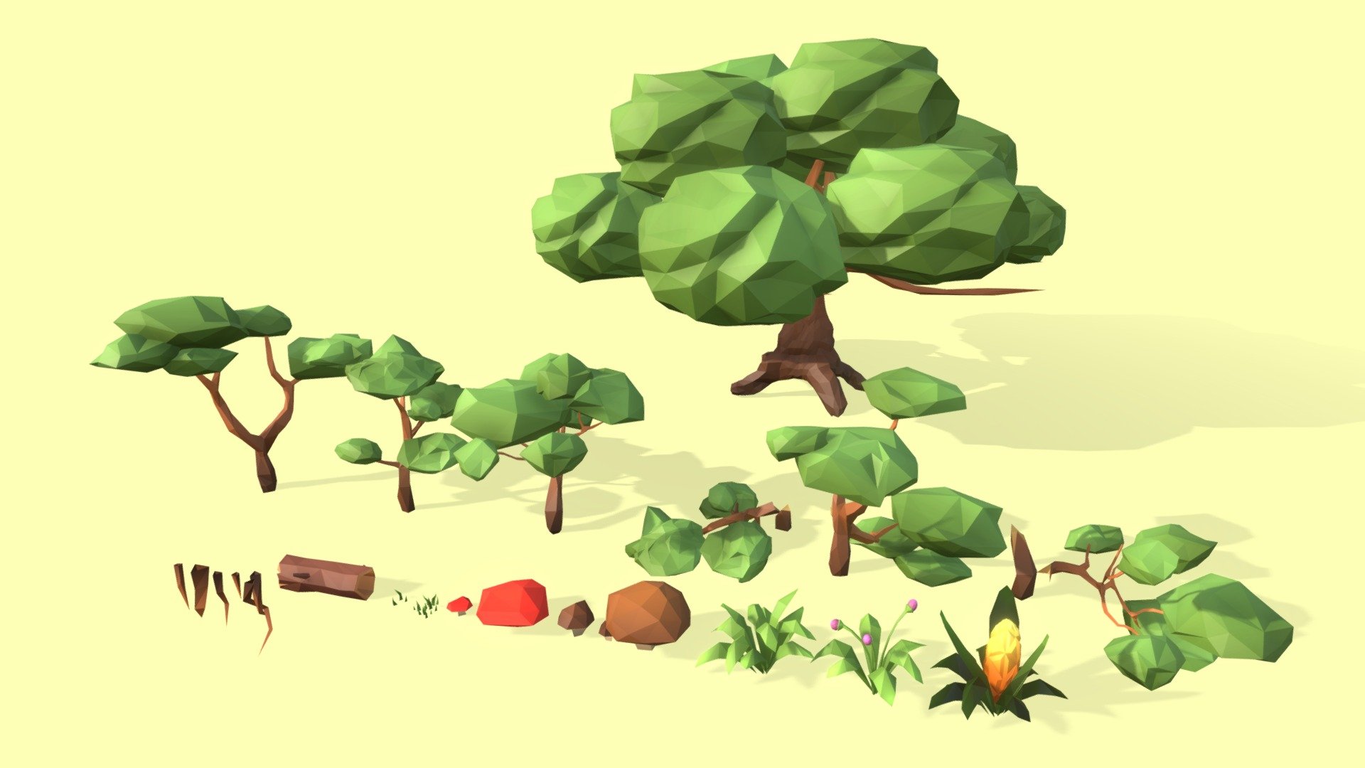 This low poly, game ready, nature pack consists of:
- 3 Small trees (614, 1058 and 926 triangles)
- 3 Fallen small trees (1062, 636, 840 triangles)
- 1 Huge tree (6776 triangles)
- 5 Different tree roots (82 triangles in total)
- 1 Hollow tree (194 Triangles)
- 3 red mushrooms (100 Triangles in total)
- 3 Brown mushrooms (170 Triangles in total)
- 3 Plants (246, 496 and 610 Triangles)
- 2 Small grass patches (31 and 150 Triangles)

The tree leaves textures are in two colors: green and orange. All trees share the same texture including the tree roots.
The other foliage objects share a secondary texture named SmallFoliage_Diffuse 3d model