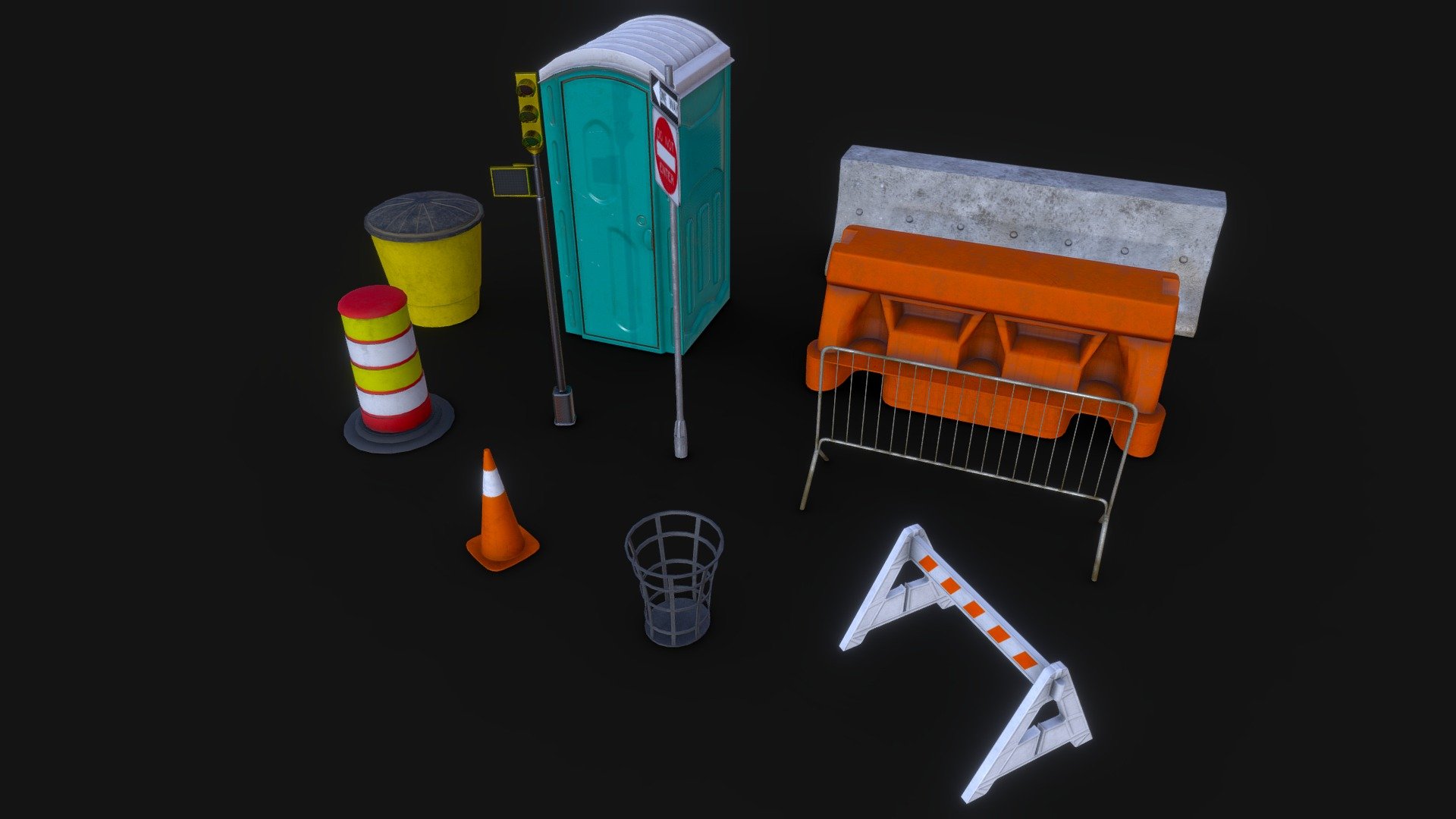 Street Props
Textures And Materials : Each model have one material with one PBR textures set in TIF format Each Model Textures Contain : Albedo 4K - Metalic 4k - Roughness 4K - Normal Map 4K - unity Mask Map 4K

Geometry : 11 Street Objects

Polygon count Total: 14530 Tris - 7540 Verts

Traffic_Cone : 520 Tris - 262 verts

Traffic_Drum : 838 Tris - 421 verts

Plastic_Barricade : 1918 Tris - 961 verts

Street_Sign : 1688 Tris - 954 verts

Traffic_Barrier : 804 Tris - 400 verts

Traffic_Light : 2464 Tris - 1235 verts

Fence_Barrier : 1464 Tris - 868 verts

Plastic_Water_Barrier : 576 Tris - 290 verts

Trash_Can : 1176 Tris - 562 verts

Portable_Toilet : 2022 Tris - 1055 verts

Concrete_Road_Block : 1060 Tris - 532 verts

UV Mapped with non-overlapping

Model is available in 5 file formats FBX - OBJ - Maya 2020 - Blender - UnityPackage - Street Props - Buy Royalty Free 3D model by Talaei (@habedi) 3d model