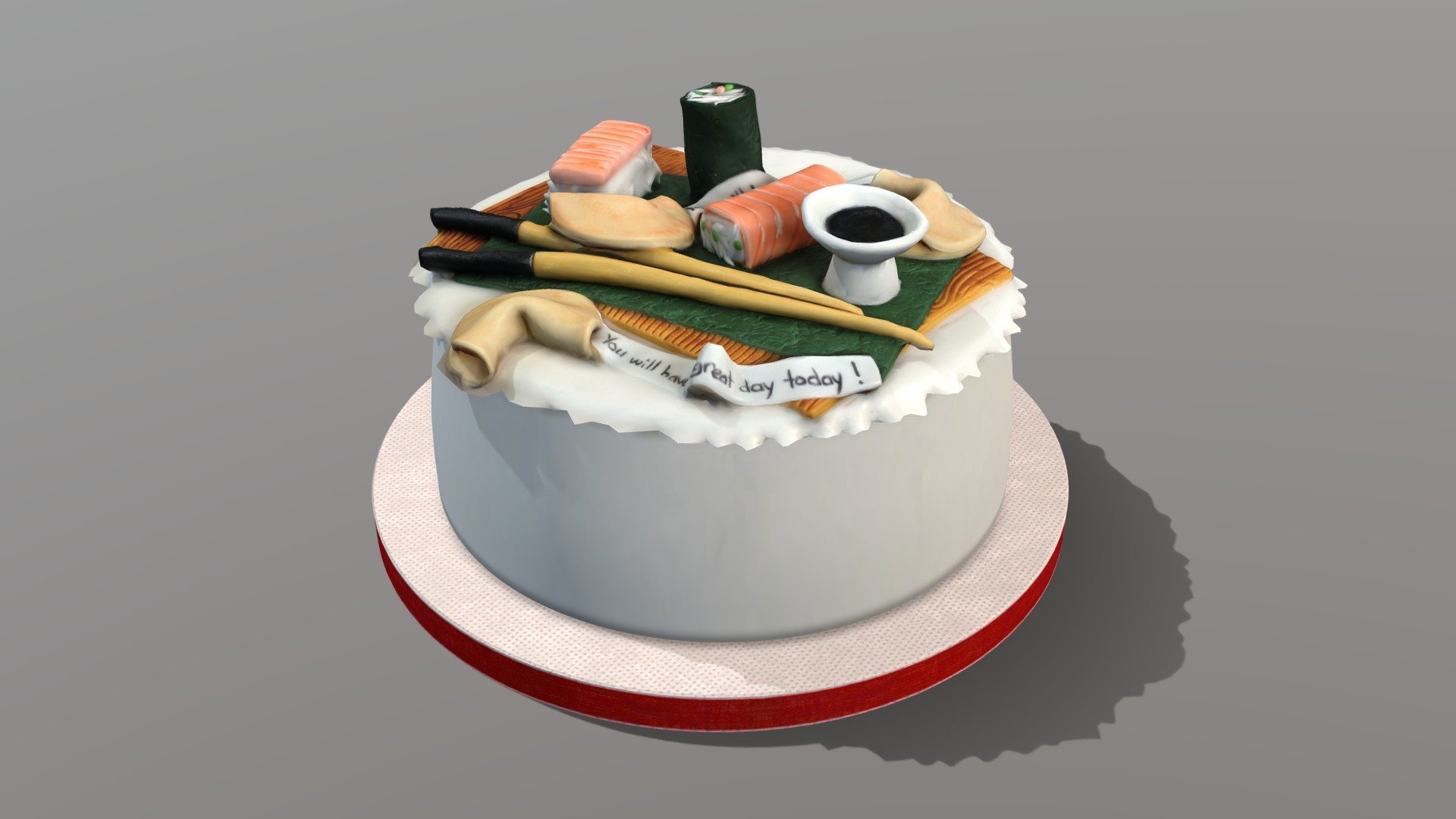 3D scan of a delicious Sushi Cake which is made by CAKESBURG Online Premium Cake Shop in UK. You can also order real cake from this link: https://cakesburg.co.uk/products/sushi-cake-1?_pos=1&amp;_sid=b8c2bb194&amp;_ss=r

Textures 4096*4096px PBR photoscan-based materials Base Color, Normal, Roughness, Specular) - Sushi Cake - Buy Royalty Free 3D model by Cakesburg Premium 3D Cake Shop (@Viscom_Cakesburg) 3d model
