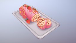 Cherry Blossom Roll cake, cookie, flowers, 3dcoat, dessert, strawberry, handpainted, photoshop, 3dsmax, lowpoly, stylized
