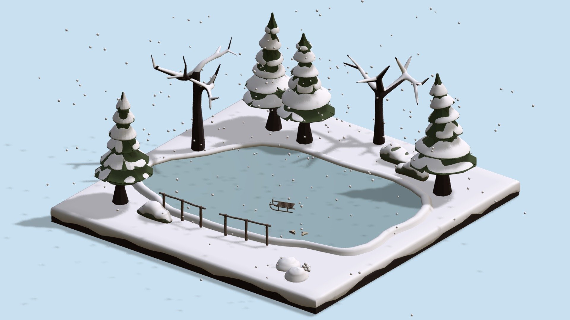 Hello everyone !

I am pleased to present to you this ice rink that will blend in with any decor of this style ! You can integrate this mini scene in all your games or animations and create a unique decor of which only you have the secret ! This pack contains:

Sledge
Snowy fir trees
Snowy trees
Snowy bushes
Ice skates
Ice rink
Fences
Snowballs
Piles of snow
Snow
In fact, everything you see in the images above. Let yourself be carried away by your imagination ! Enjoy ! - Ice Rink - Buy Royalty Free 3D model by ApprenticeRaccoon 3d model