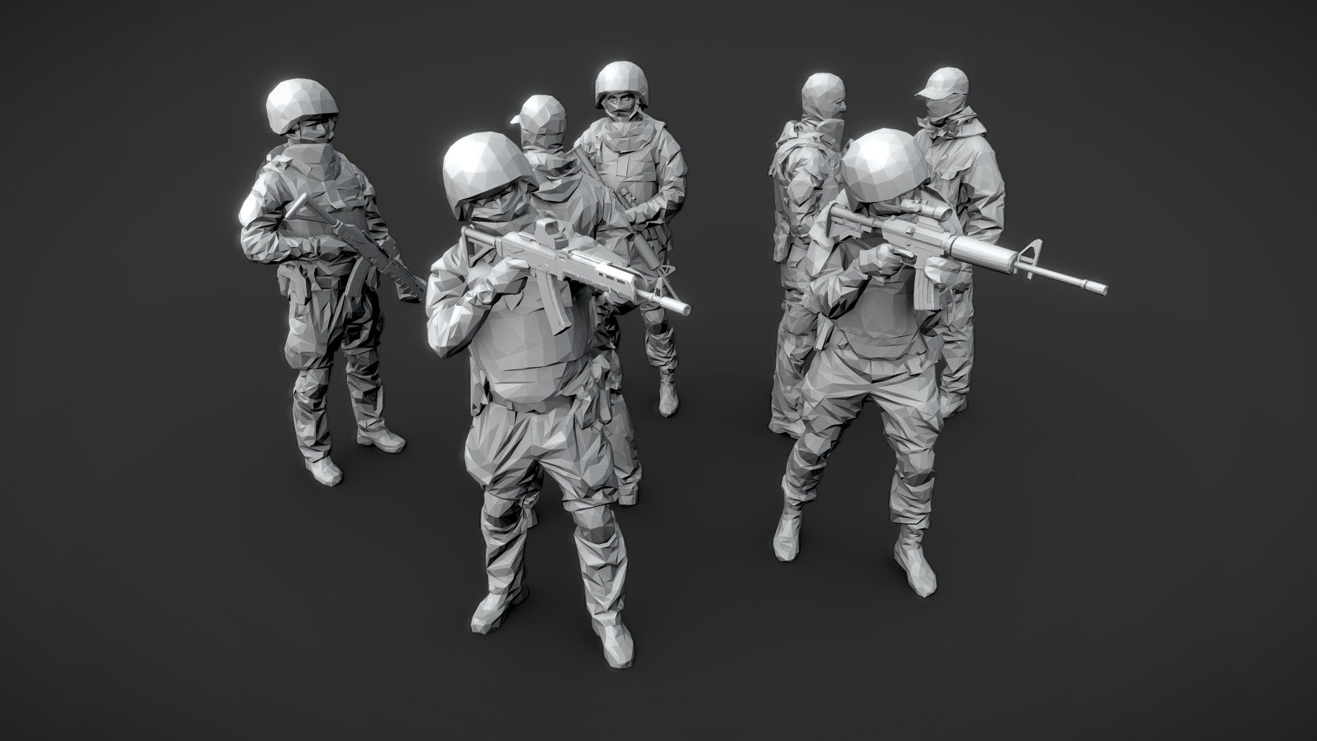 Follow us on instagram 👍🏻

Lowpoly Special Forces Pack low-poly 3d model ready for Virtual Reality (VR), Augmented Reality (AR), games and other real-time apps.

Contains 7 lowpoly special forces characters models. 6000-6500 polygons per model.

Suitable for the architectural visualization and another graphical projects 3d model