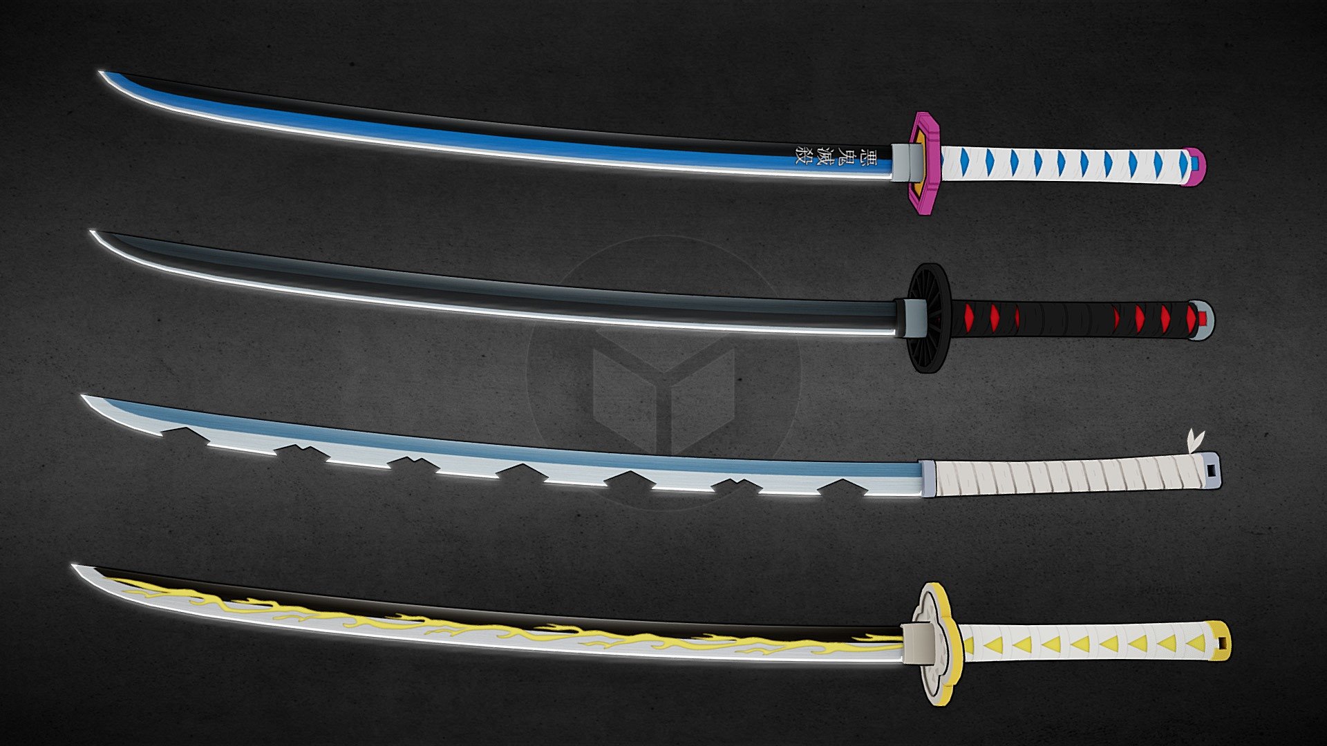 A collection of katanas from the Anime: &lsquo;Demon Slayer: Kimetsu no Yaiba'.
The katanas shown belong to the following characters (from top to bottom):
-Tomioka Giyu
-Tanjiro Kamado
-Inosuke Hashibira
-Zenitsu Agatsuma

Models were made using Blender.
For the texture, I used Photoshop. I also baked AO maps in Substance Painter which were then used in the texture.

(None of the UVs overlap to allow baking) - Demon Slayer: Katana Collection - 3D model by DennisVanMalderen 3d model