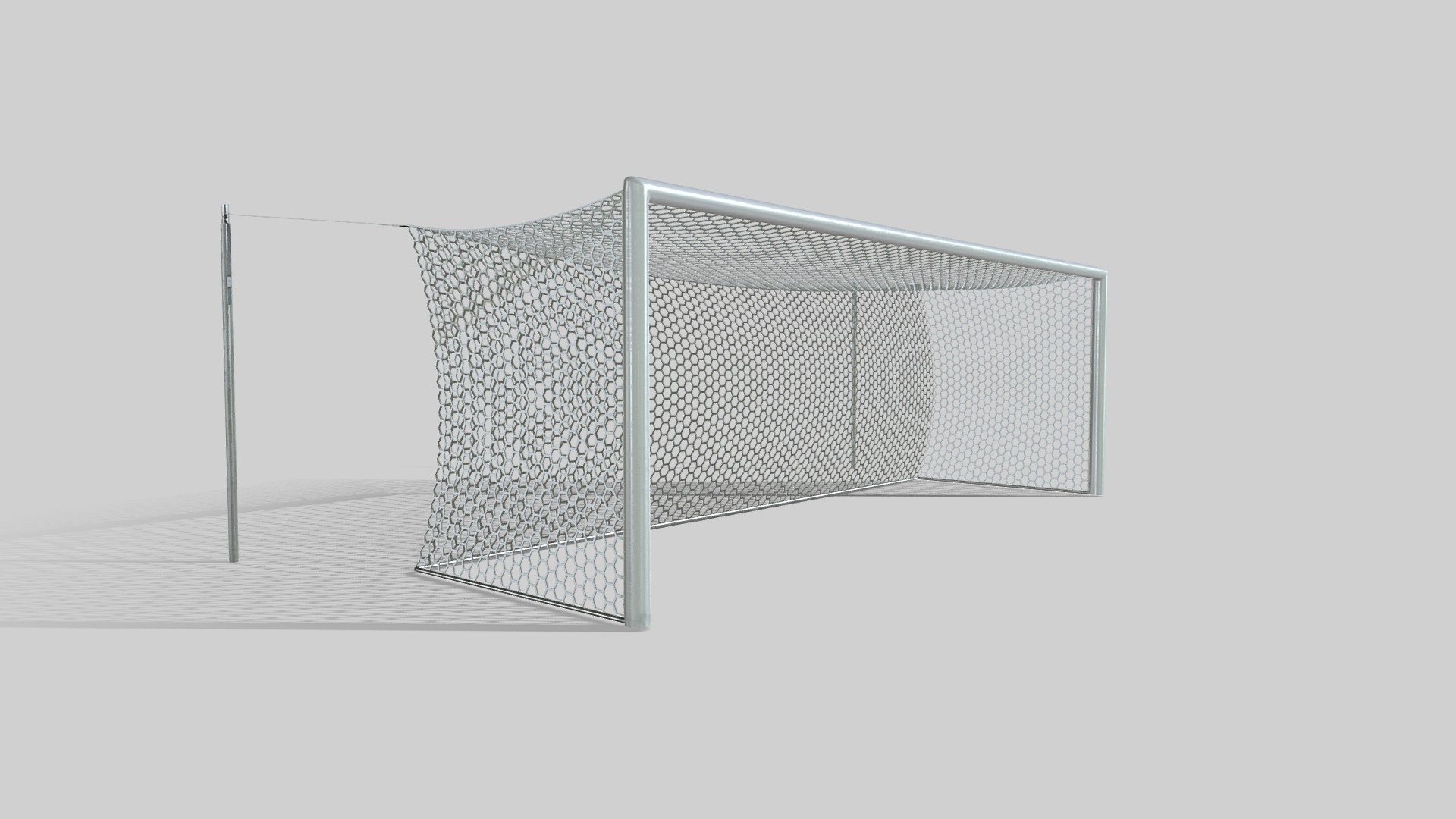 Modern Style Football goal with modelled hexagon wire.

Net Colors: White, Green, Black, Grey

Use subdivide for higher geometry. You can animate the net, it’s one object without elements.

Used maps: Base, Reflect, Glossiness, Normal

The bar, case is Unwrapped, Net is 600x600x600 UVW Mapped

FBX File downloadable 3d model