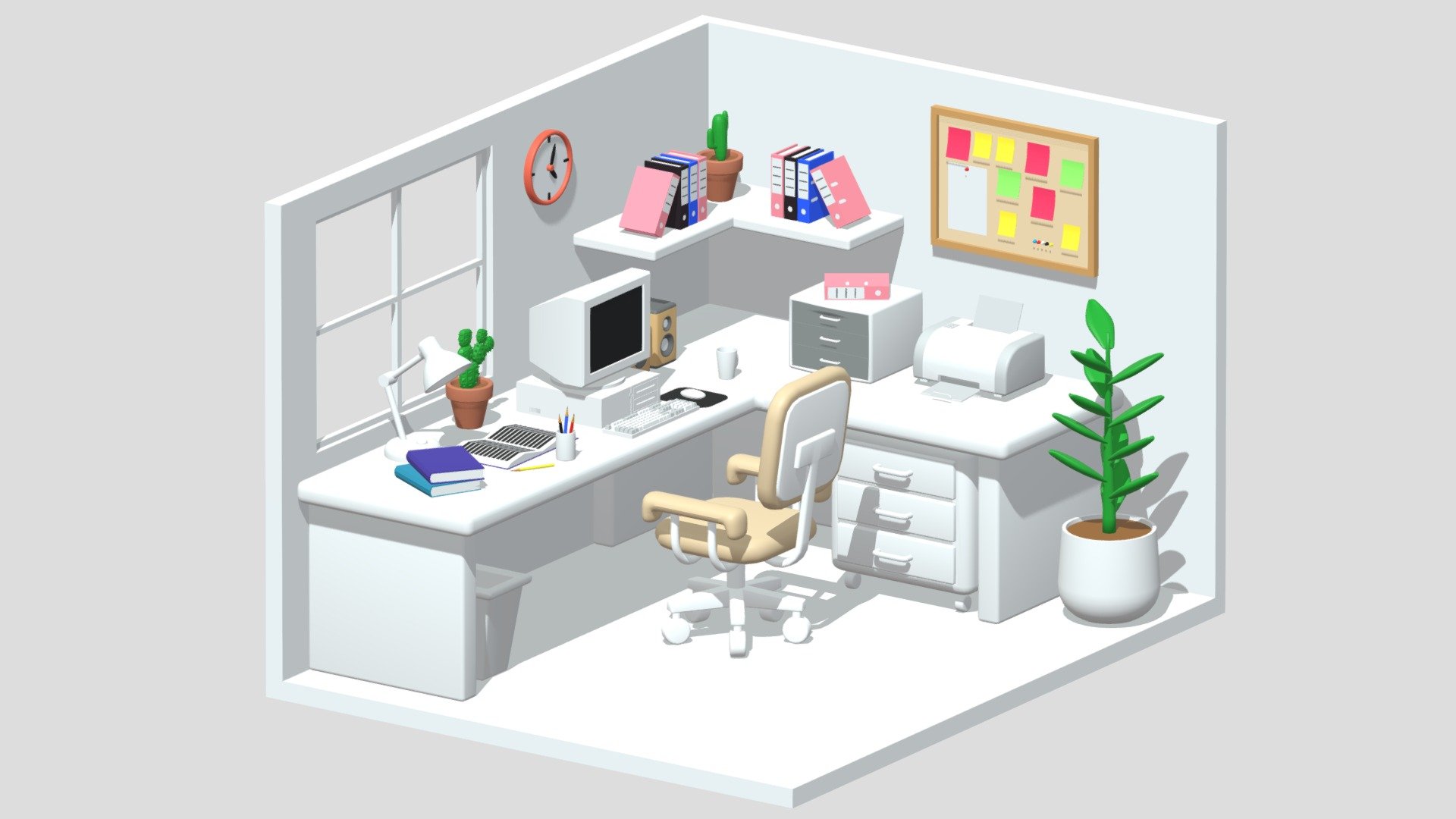 -Cartoon Office Room Interior.

-This product contains 77 objects.

-This product contains 58 materials

-Vert: 33,661 poly: 30,458.

-Objects and materials have the correct names.

-This product was created in Blender 2.935.

-Formats: blend, fbx, obj, c4d, dae, abc, stl, u4d glb, unity.

-We hope you enjoy this model.

-Thank you 3d model