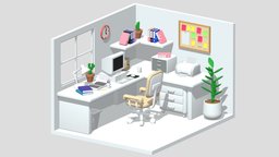 Cartoon Office Room Interior office, room, computer, cute, shelf, study, window, business, furniture, lovely, indoors, architecture, cartoon, lowpoly, chair, low, poly, technology, polygon, interior