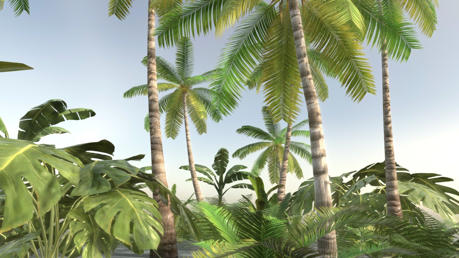 This a low-poly pack containing several variations of tropical vegetation with PBR materials and LODs.

There are 3 variations of the palm tree, each having an extra LOD level, the tree parts are detached from each other(trunk, leaves, dry leaves, etc.).
Polycount (tris/verts):
palm 1: 3028 / 2528, lod: 1571 / 1409
palm 2: 3028 / 2528, lod: 1589 / 1431
palm 3: 2488/ 2082, lod: 1427 / 1267
palm bush: 272/ 255, lod: 111 / 145

Bushes:
fern big 695 / 535 , lod: 379 / 327
fern small: 413 / 321, lod: 211 / 185
fern tropical: 134 / 158, lod: 92 / 116
tropical plant big: 1404 / 959, lod: 1082 / 760
tropical plant small: 376 / 278, lod: 248 / 204
palm plant: 788 / 669, lod: 306 / 358

Banana plant:
big: 1334 / 862, lod: 647 / 478
small: 904 / 595, lod: 390 / 299

NOTE. The inner have duplicated geometry to avoid use of two-sided materials 3d model
