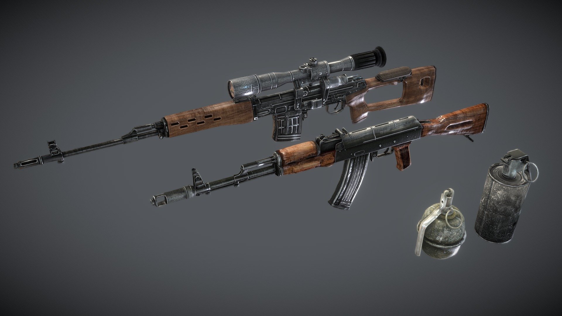 AK-47
SVD
RGD-5
FireGrenade

low-poly weapon pack - Weapon Pack - Buy Royalty Free 3D model by Realtime (@gipapatank) 3d model