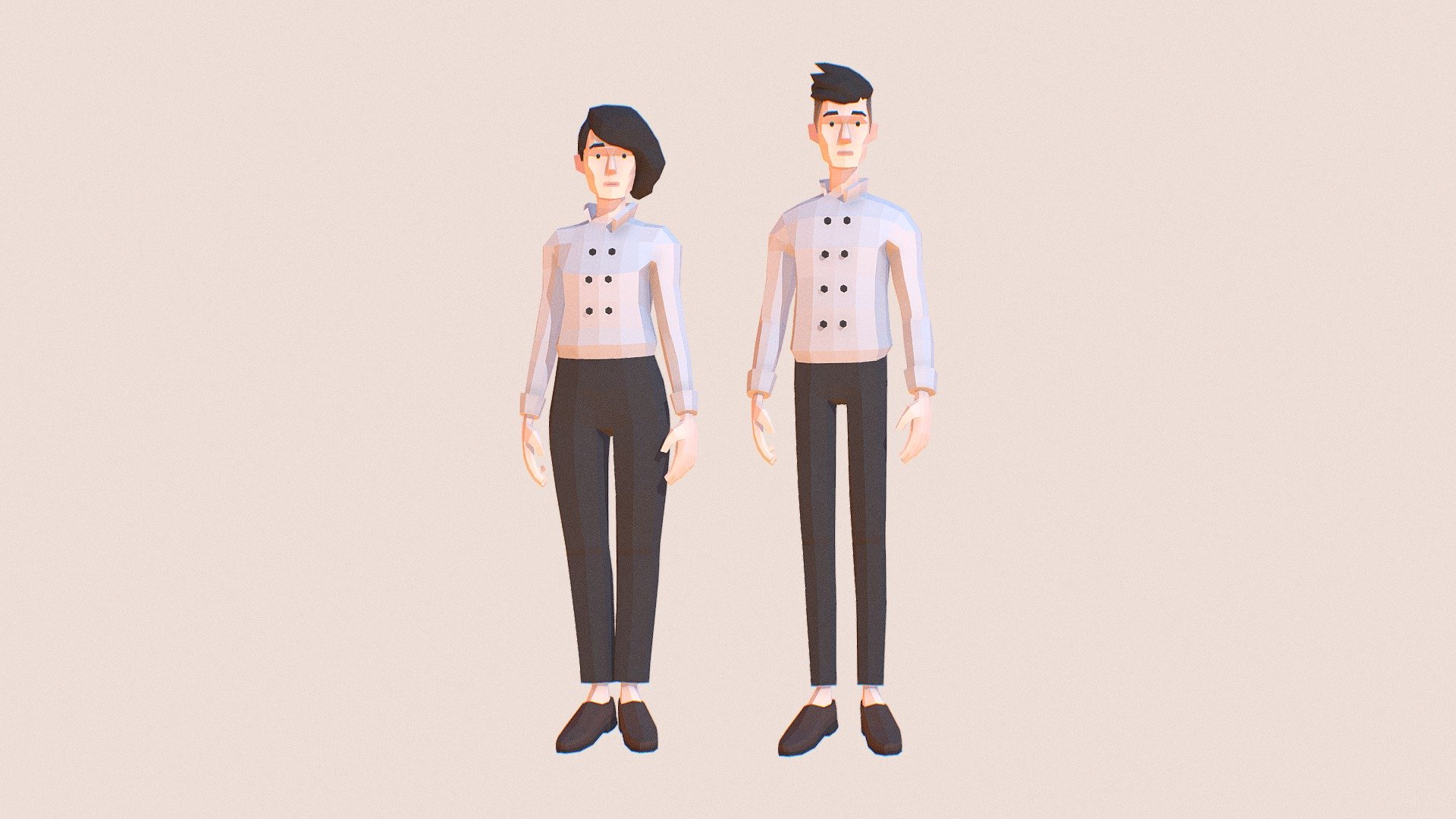 ONLY FOR UNITY

Please download the attached file. The zip file contains the unity package for Unity 2018
The pack contains two different outfits, a casual outfit and the main outfit, I call them suits. I have included 5+ different hairstyles, 10 facial hair, and 3 different hand options to further customise the characters. The face can be customized and also contains expressions if you wish to create emotions or speech animations.

Mixamo
Characters can be animated using mixamo, I have included a simple tutorial for it in the readmeee.

Note: The suits cannot be customized as they are not separated.

NOTE: Game engine supported files are included in additional downloads, the preview models are just for preview and do not come with a rig.

 - Chefs | Lowpoly Characters - Buy Royalty Free 3D model by Aki (@Akishaqs) 3d model