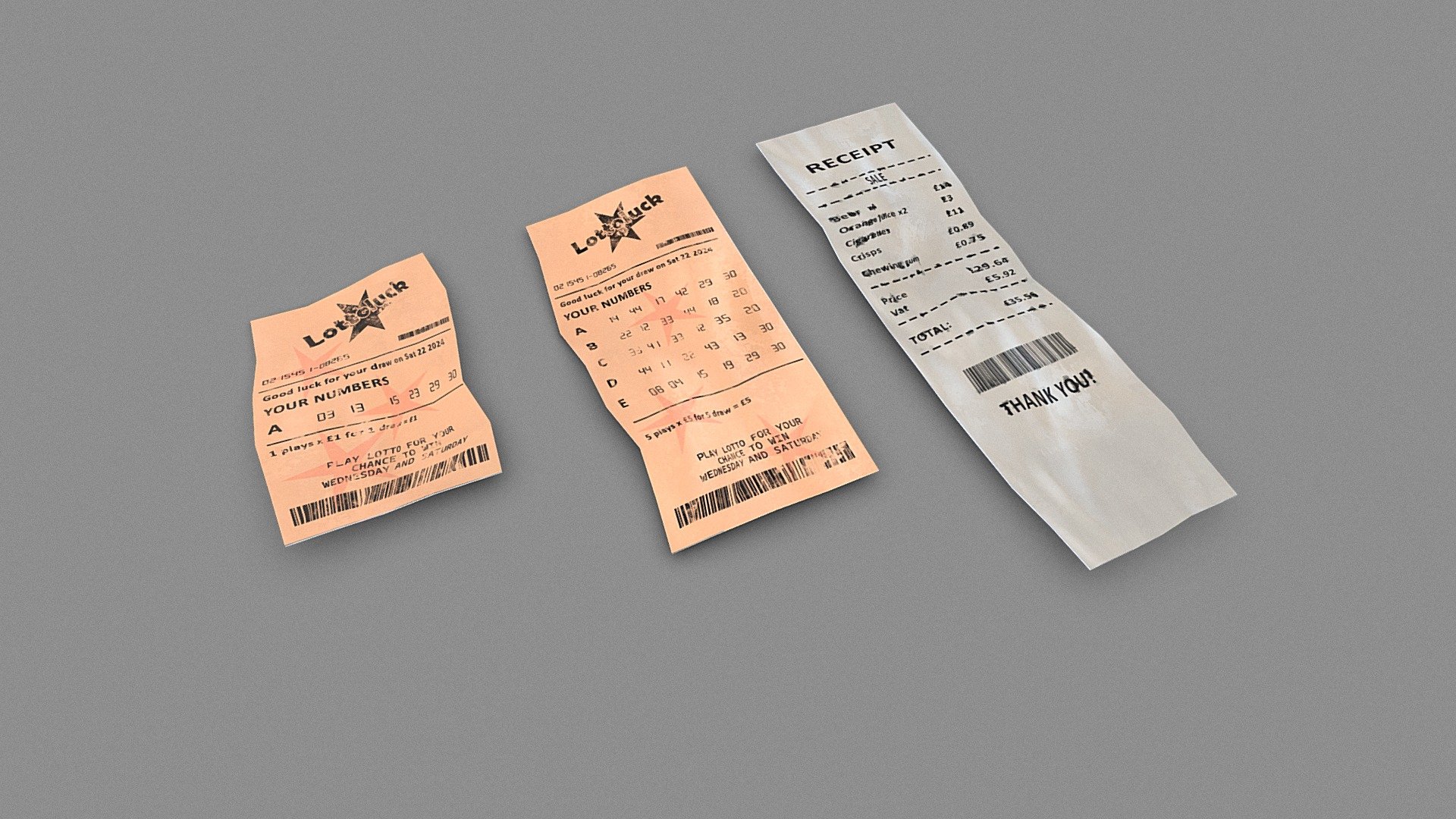Crumbled Lottery ticket and a receipt, really handy little props to scatter around any of your environments. 

Custom brand means there wont be any copyright issues. 

PBR textures @2k - Lottery tickets and receipt - Download Free 3D model by Sousinho 3d model